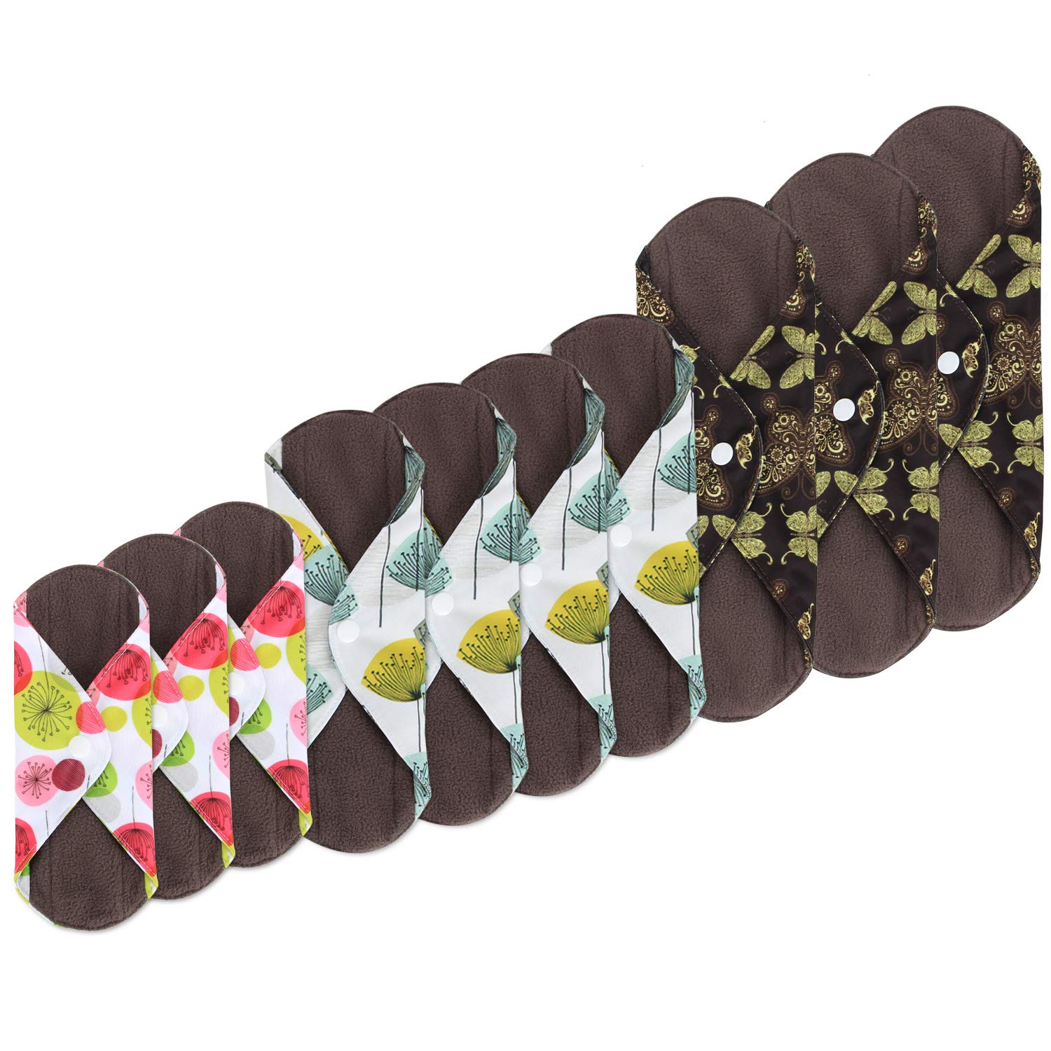Teamoy 10pcs Cloth Panty Liners, Reusable Sanitary Pads with Wet bag, Washable Cloth Menstrual Pads with Charcoal Absorbency Layers (Country Style, 3pcs×7.9''+4pcs×10''+3pcs×11.6''), 11 Piece Set