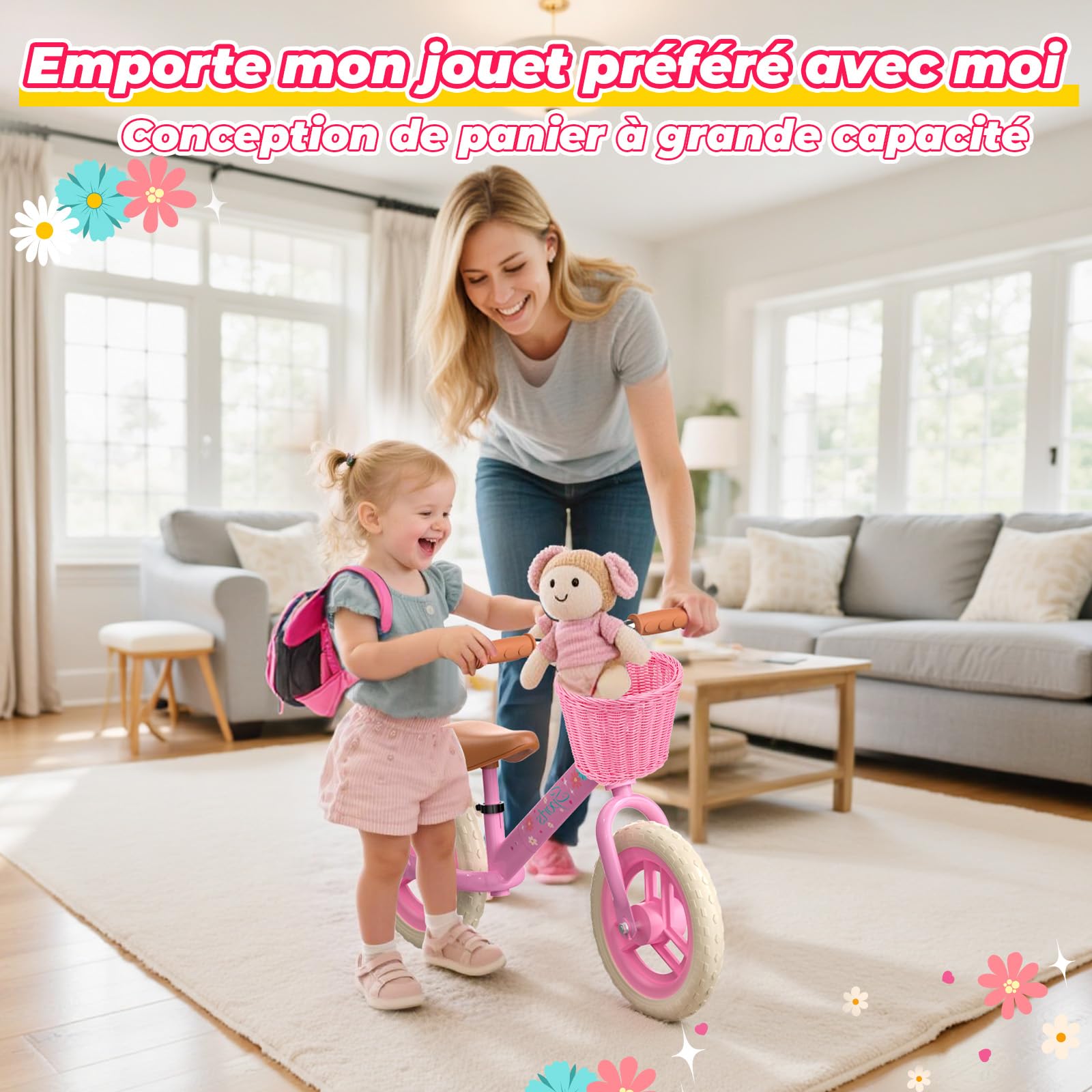 HappyGoLucky Draisienne 2-5 Ans, Draisienne Evolutive – Roues Lumineuses/Hauteur Réglable/Panier Tressé, Jouet Cadeau Fille 2-5 Ans Cadeau Anniversaire Jouet Exterieur