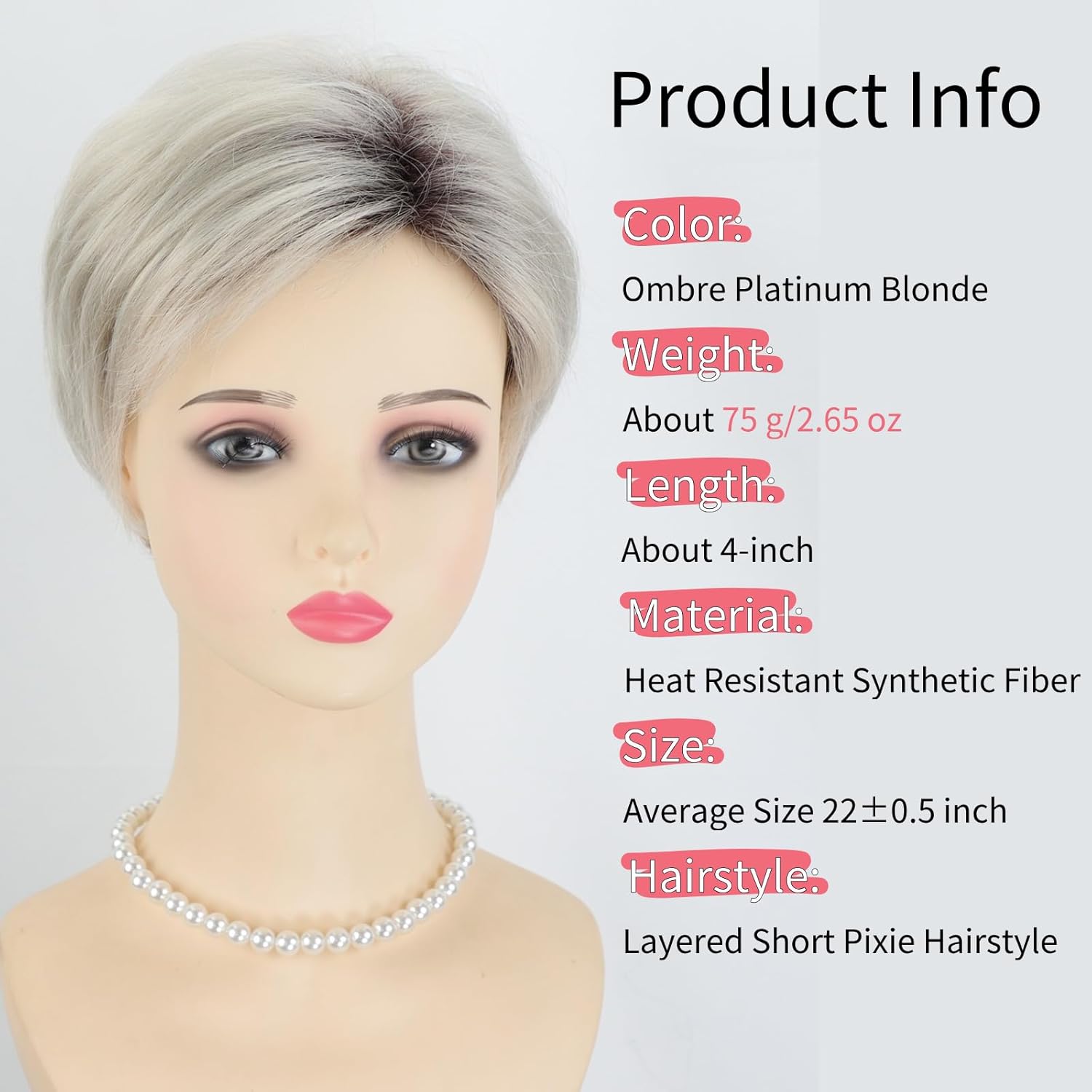 RENERSHOW Short Ombre Platinum Blonde Pixie Cut Wigs for White Women Layered Heat Synthetic Wig Natural Looking Lightweight Average Size Wig