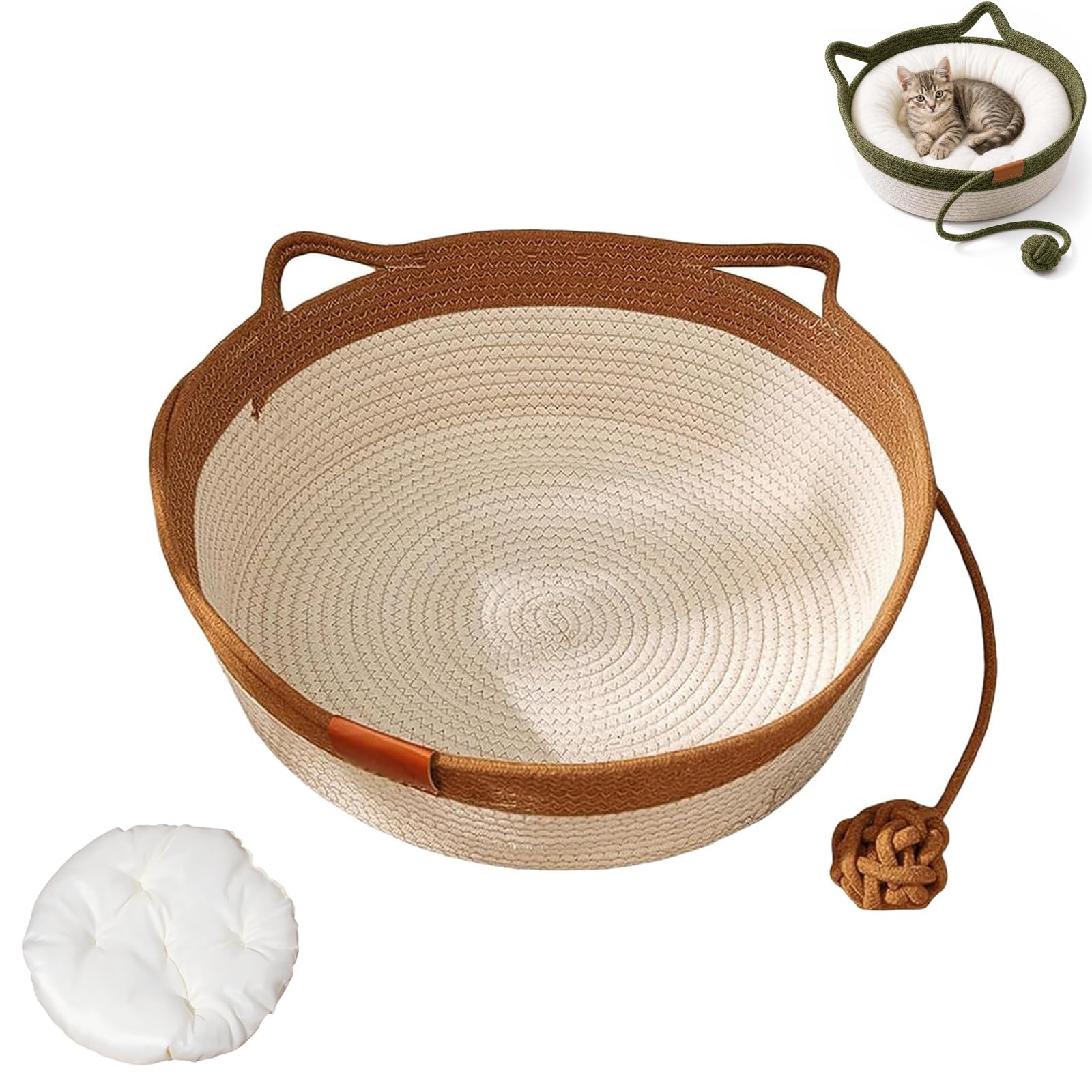 Handwoven Cat Basket, Cotton Rope Cat Bed Basket with Hanging Ball Toy & Cotton Mat, Foldable Breathable Scratching Pet Nest for Indoor Kittens, Boho Home Aesthetic Round (Brown,M)