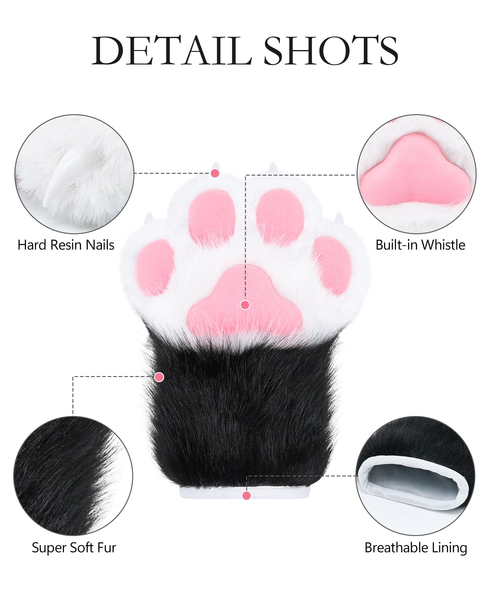 ZFKJERS Cosplay Animal Extended Fluffy Plastic Claws for Cat Fursuit Paws Gloves Adults Costume Accessories Set (Black-White) - Image 2