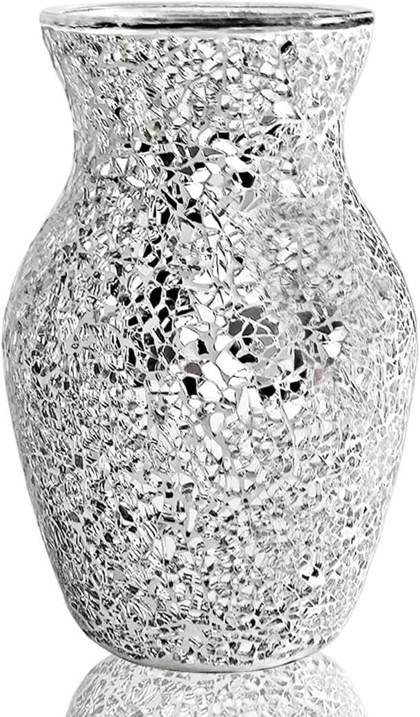 Crystal Mosaic Vase, Silver Crackle Glass Vase, Shiny Modern Decor Handmade Vase, Glitter Mosaic Accent Container Table Centerpiece for Home Decor Office Living Room Bookshelves Wedding Gift
