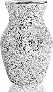 Crystal Mosaic Vase, Silver Crackle Glass Vase, Shiny Modern Decor Handm...