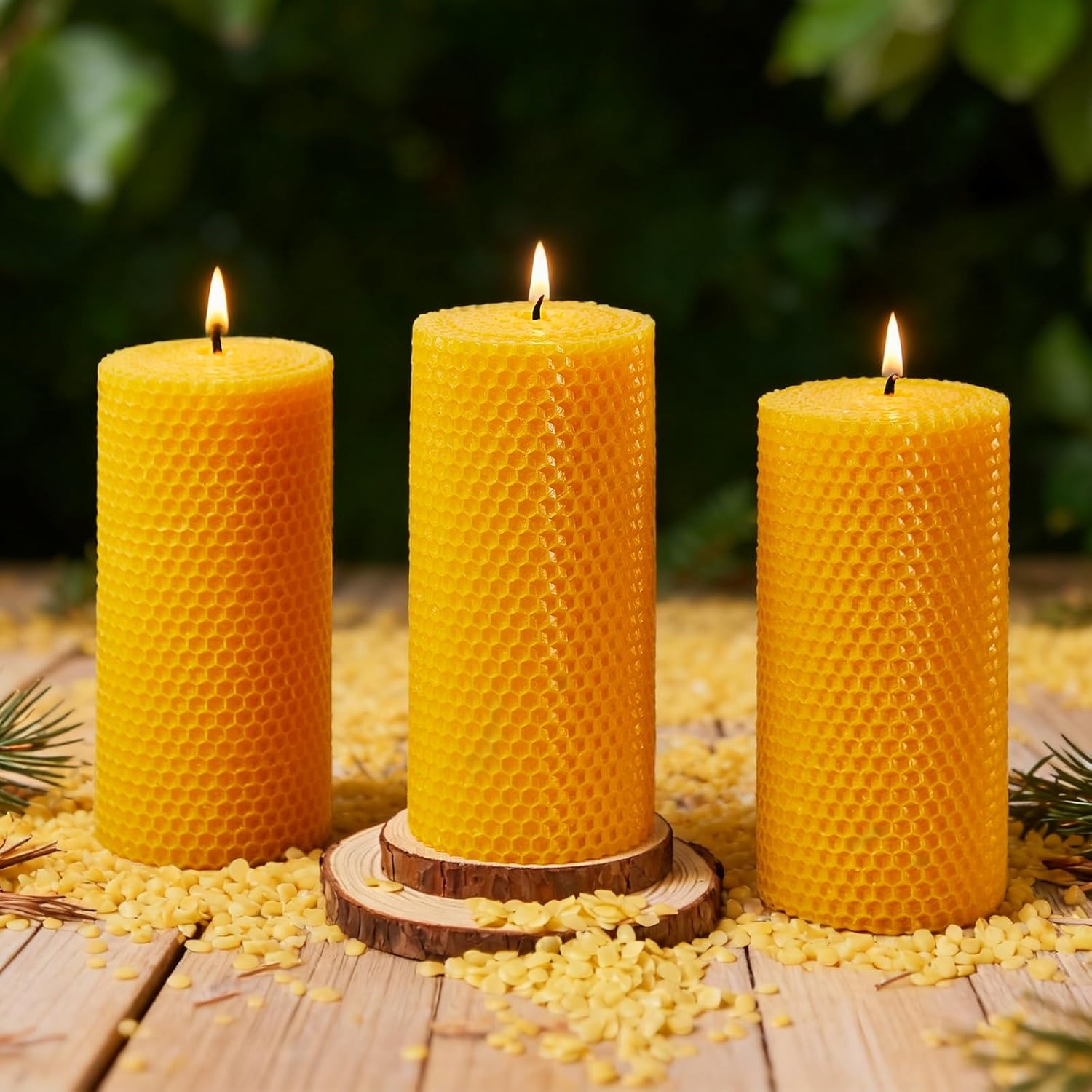 Beeswax Pillar Candles, 3x6 Inch -Set of 3 Hand-Rolled Honeycomb Candle - Long Burning 270+ Hours, Dripless Smokeless Unscented Handmade Beeswax for Home Decor, Prayer, Wedding,SPA