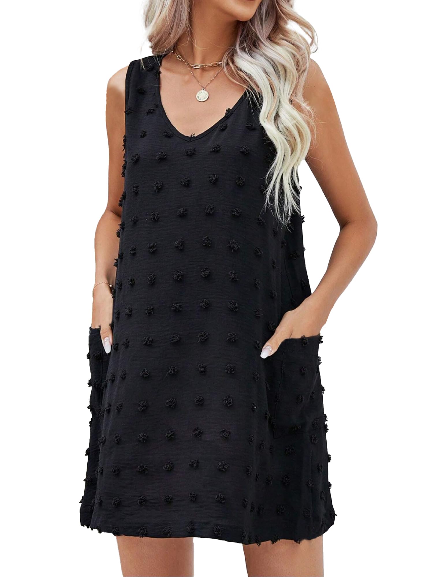 Breezy Lane Damen Sommer ärmelloses Strandabdeckungskleid Schweizer Polka Dot Kleid mit Taschen