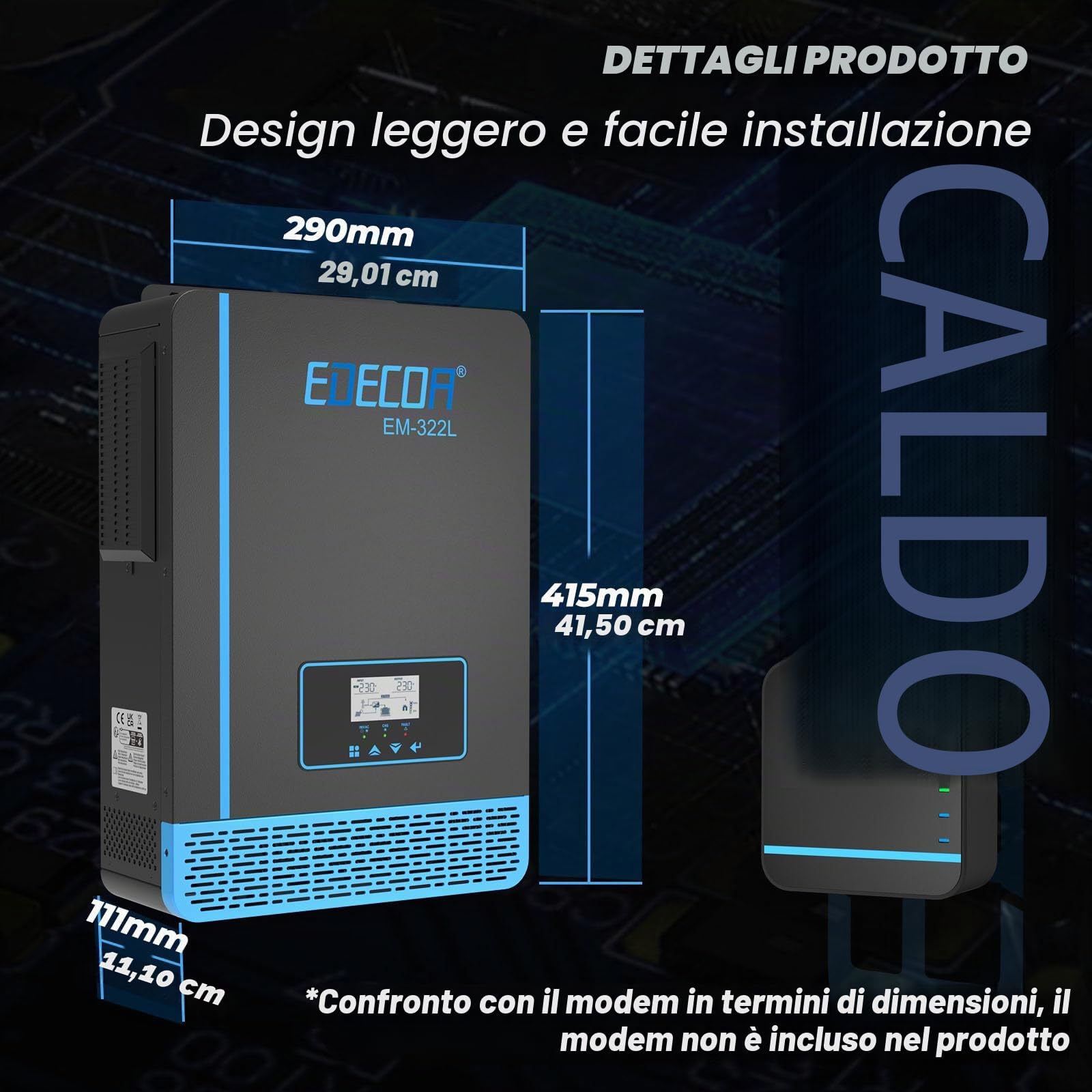 EDECOA 3200w Inverter ibrido da 24v a 230v 3200VA caricatore solare MPPT 60A Onda Pura Off-Grid 30– 150Vdc BMS comunicazione, priorità di rete, regolatore di carica solare