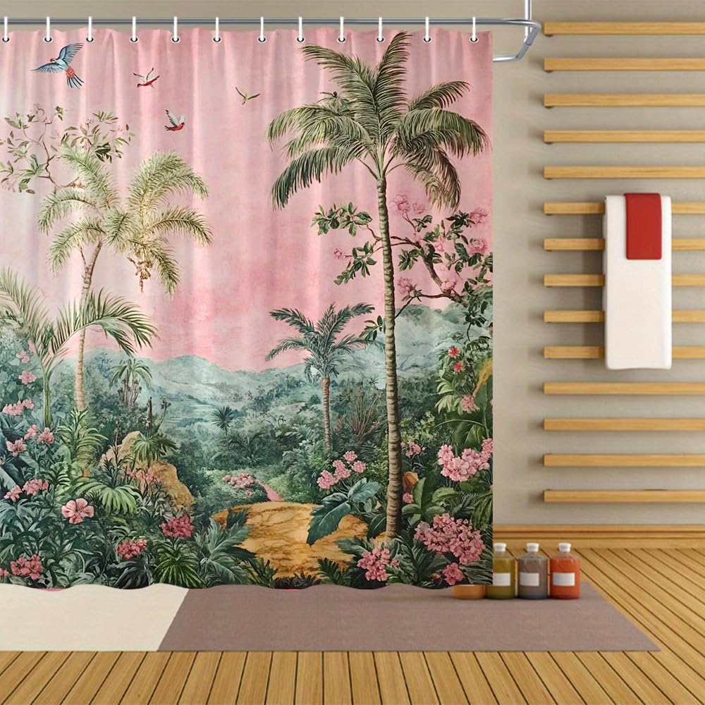 GLKSDLPO Vintage Botanical Palm Tree and Hibiscus Shower Curtain, Pastel Colors and Birds Extra Long Wet Room Bathtub Curtain(175x178cm/69x70in(WxH))