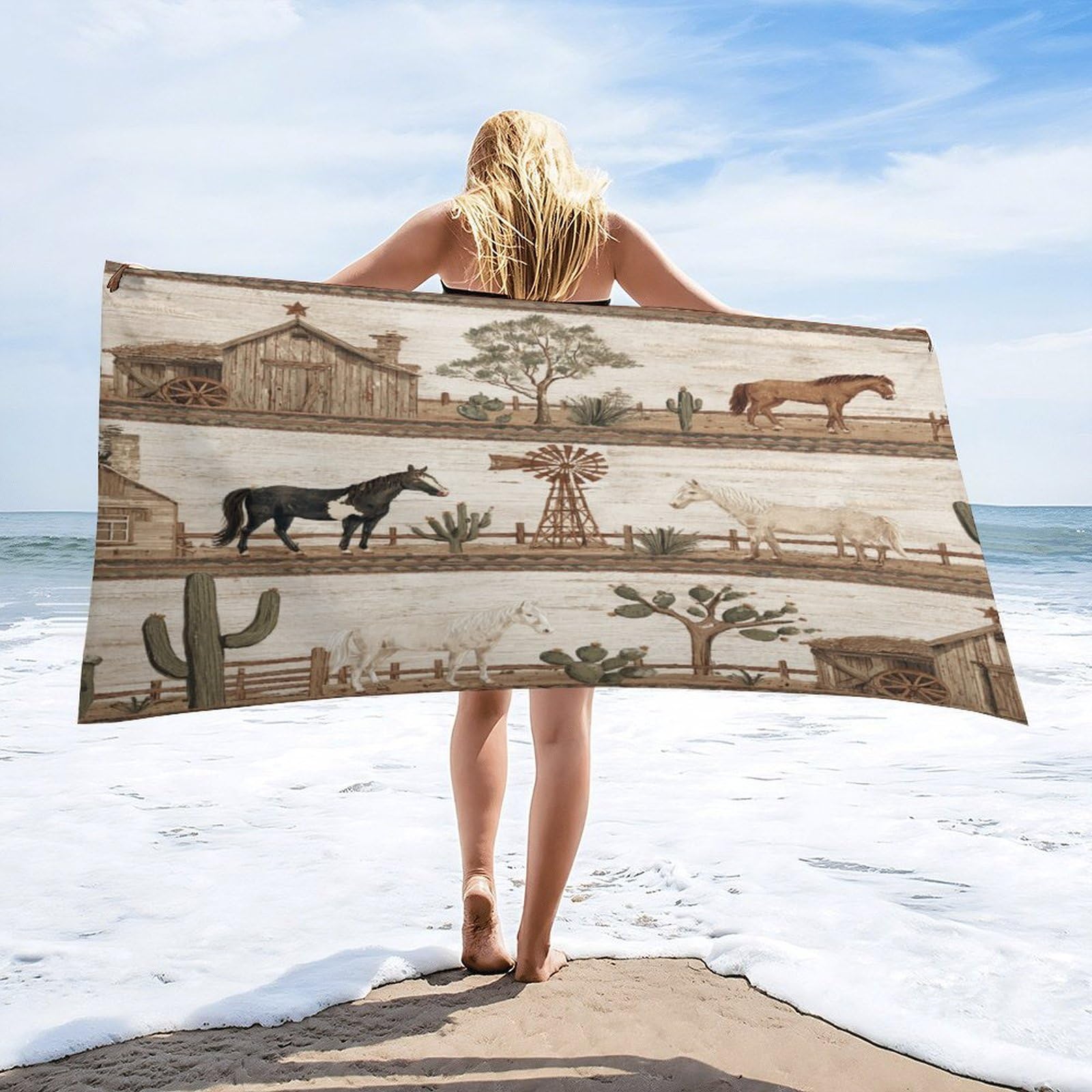Luyysky Rustic Western Animal Horse Quick-Drying Beach Towel, Retro Oil Painting Desert Cowboy Theme Windmill Plant Cactus Travel Vacation Single Sided Pile Bathroom Towels-80 W Cm X 160" L Cm