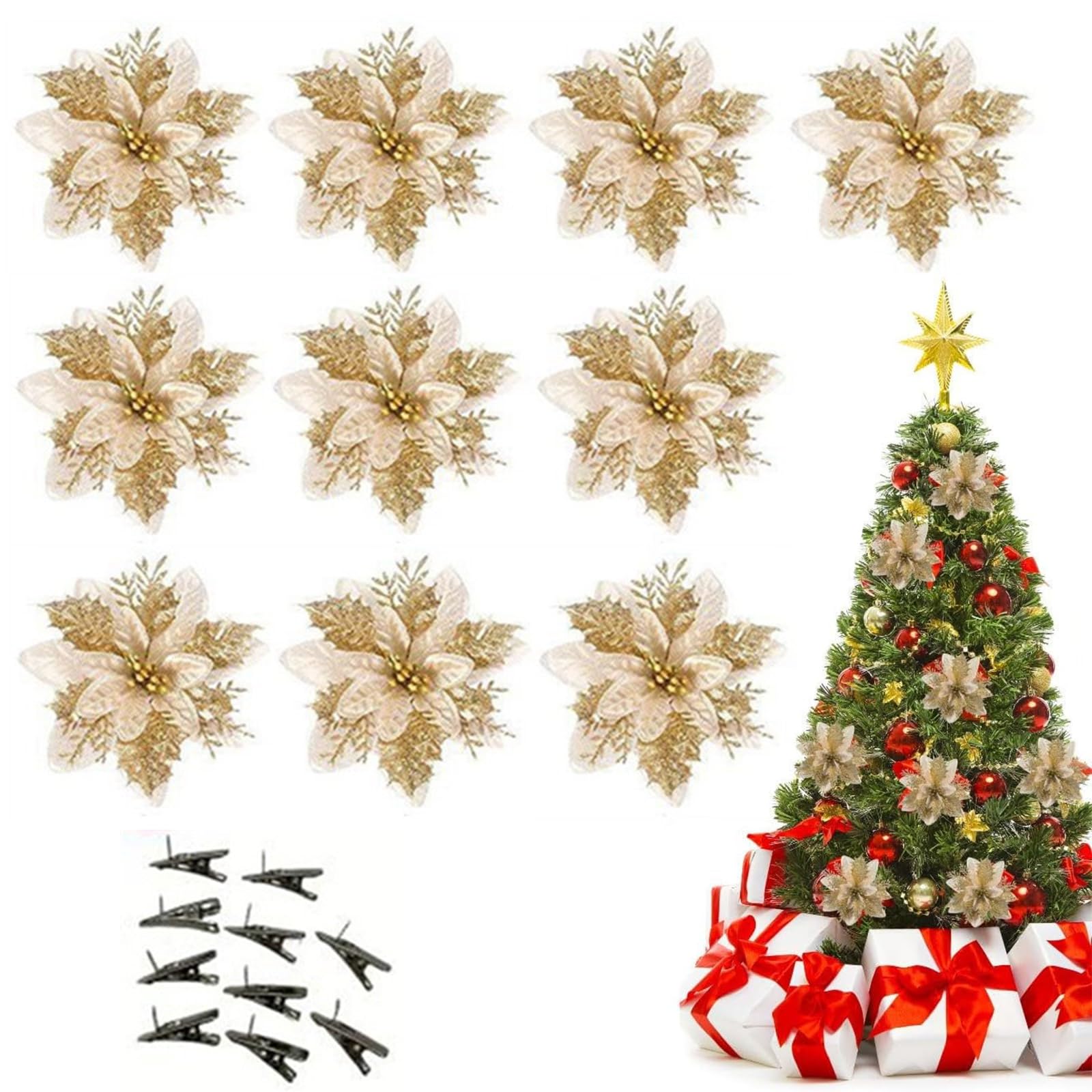 Flor de Navidad de Artificial,Flores Artificiales para Decoración de Navidad,Flor de Simulación Navideña,Flores con Purpurina de Navidad,Flores de Boda Adornos de Árbol de Navidad con Clips (Oro)