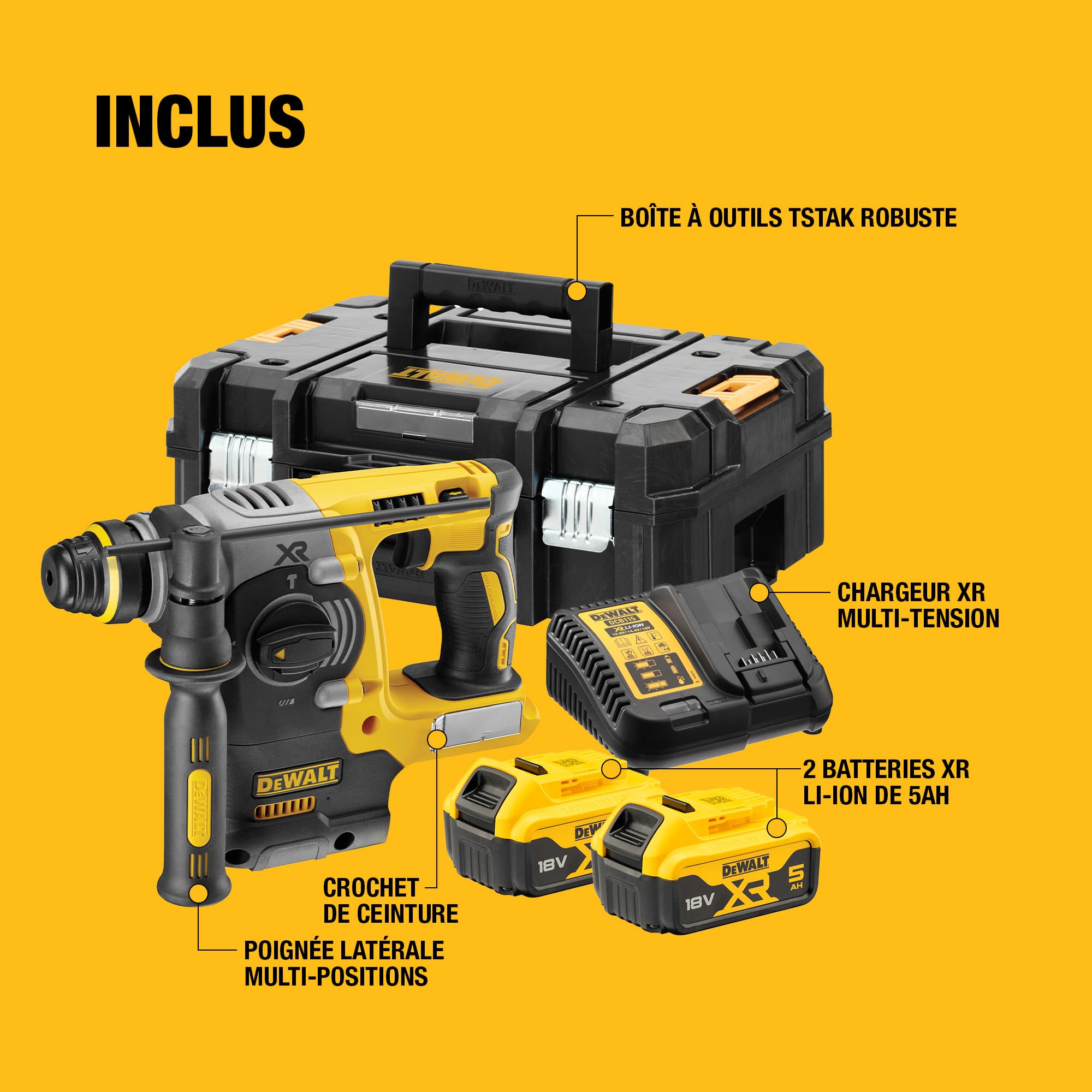 DEWALT Perforateur sans fil SDS-Plus Brushless XR 18V 24mm avec 2 batteries 5Ah chargeur TSTAK DCH273P2T-QW