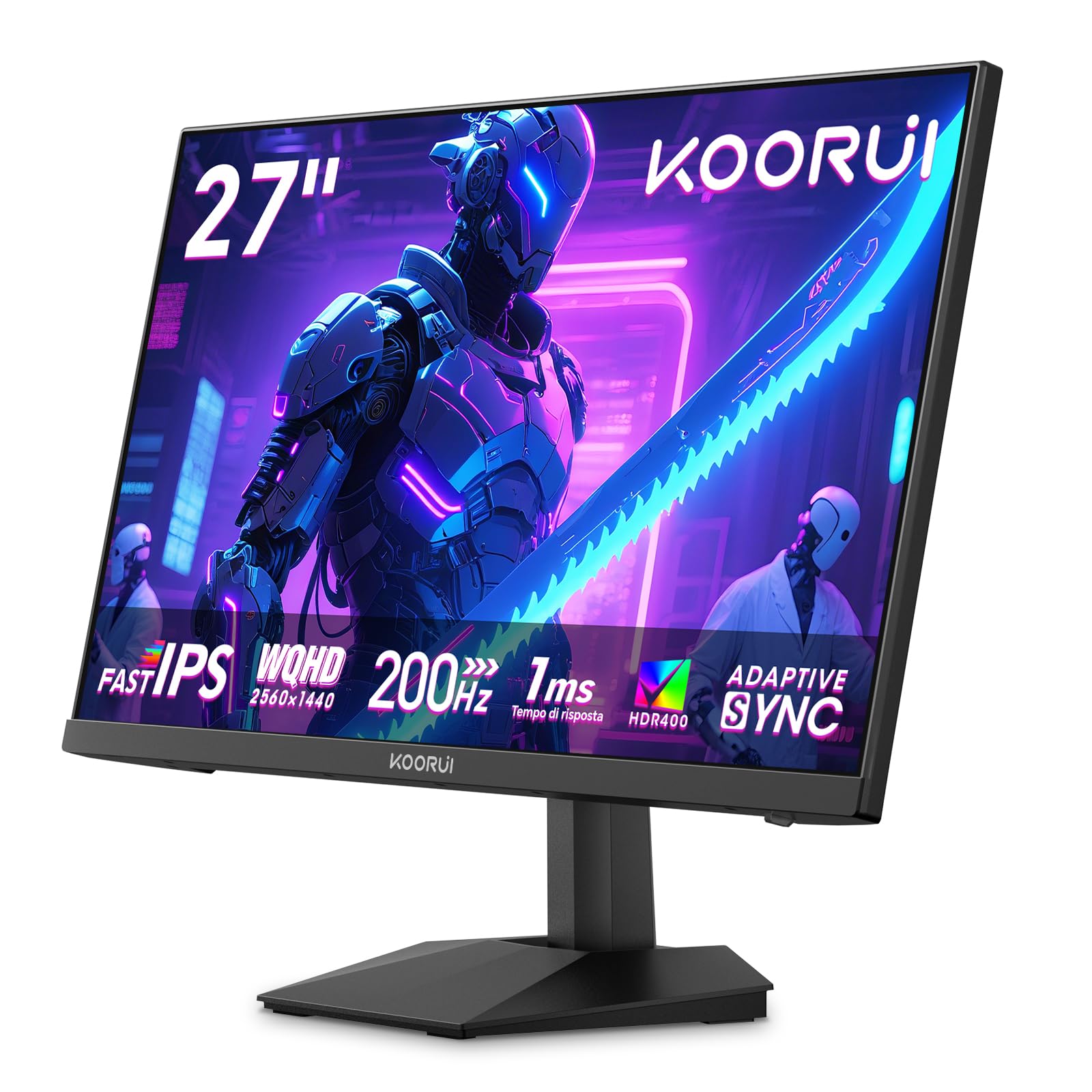 KOORUI 27" Gaming Monitor 200Hz Fast IPS QHD PC Schermo 1ms HDR400 HDMI/DP | Adaptive Sync, DCI-P3 95%, SRGB 99%, Inclinazione Regolabile, QHD 2560x1440,VESA 75x75mm, per lavoro d'ufficio o per giocare