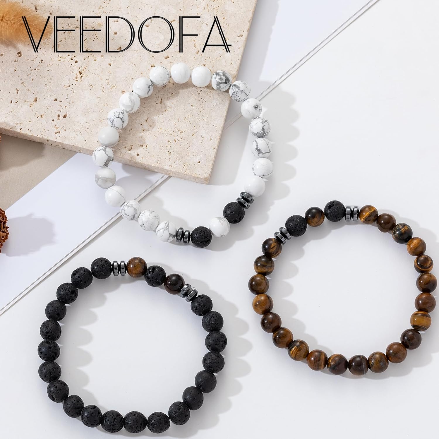 Tiger Eye Beaded Bracelets for Men - Elastic 8MM Natural Stone Bracelet Set Lava Rock Bracelets Gifts for Son Grandson Bonus Son Boyfriend Brother - Image 7