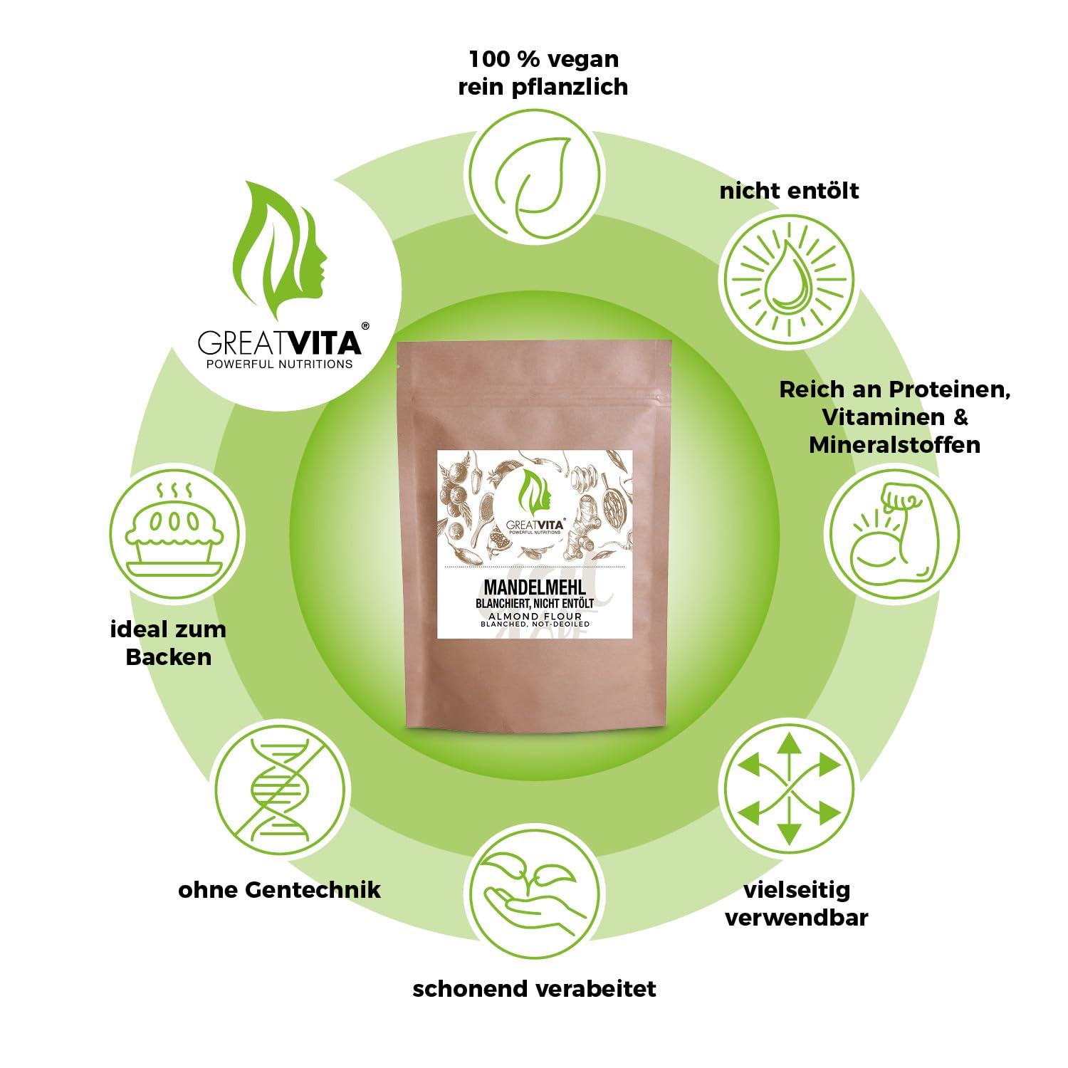 GreatVita mąka migdałowa, 5 x 1000 g, naturalna i blanszowana, drobna mąka ze zmielonych migdałów, idealna do kuchni niskowęglowodanowej, pieczenia i panierowania, bogata w białko i błonnik, wegańska
