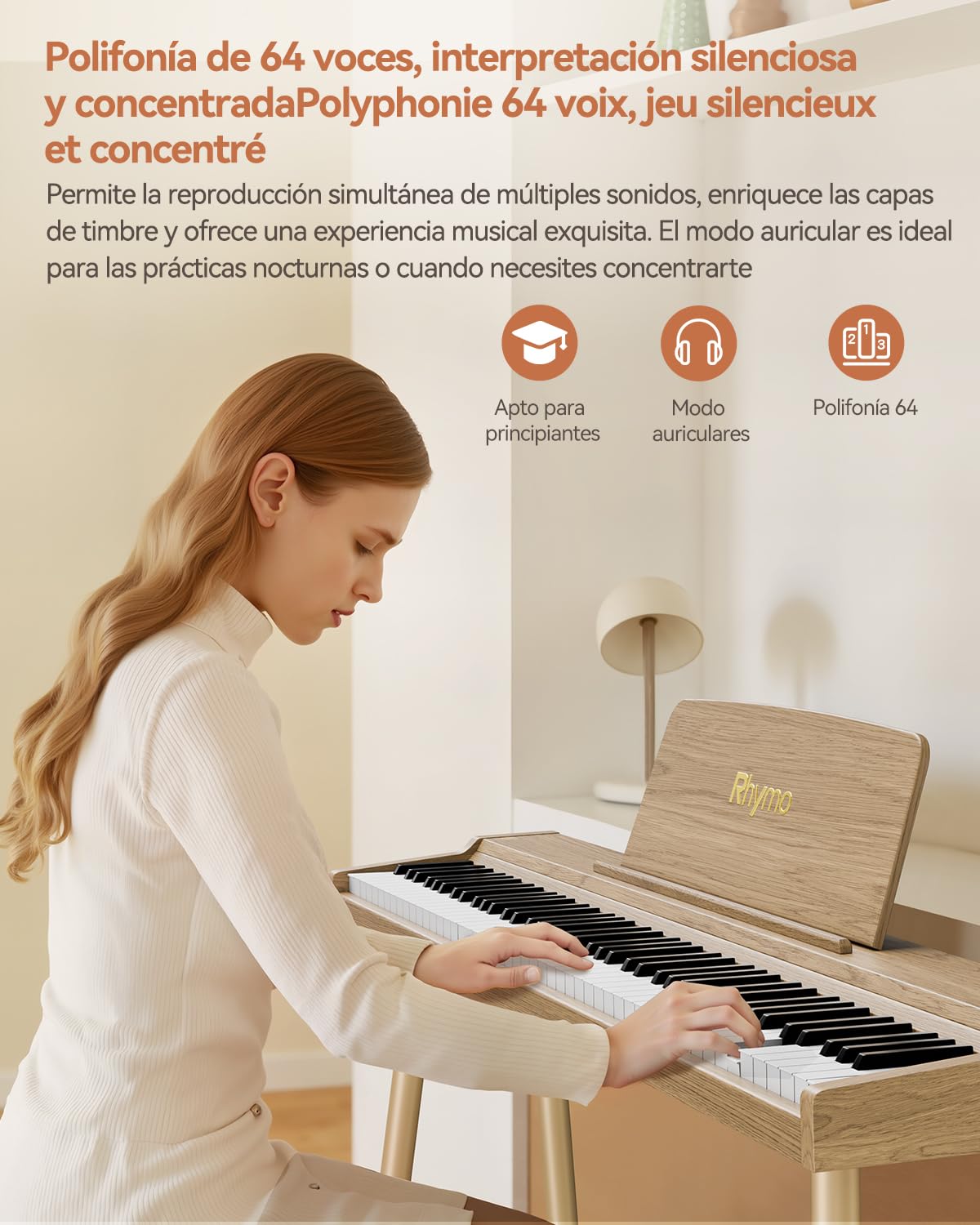 Rhymo Teclado Digital 88 Teclas Semipesado para Principiantes | Piano Eléctrico con Bluetooth Audio/MIDI, Altavoces 20W, Triple Pedal y Soporte – Color Madera