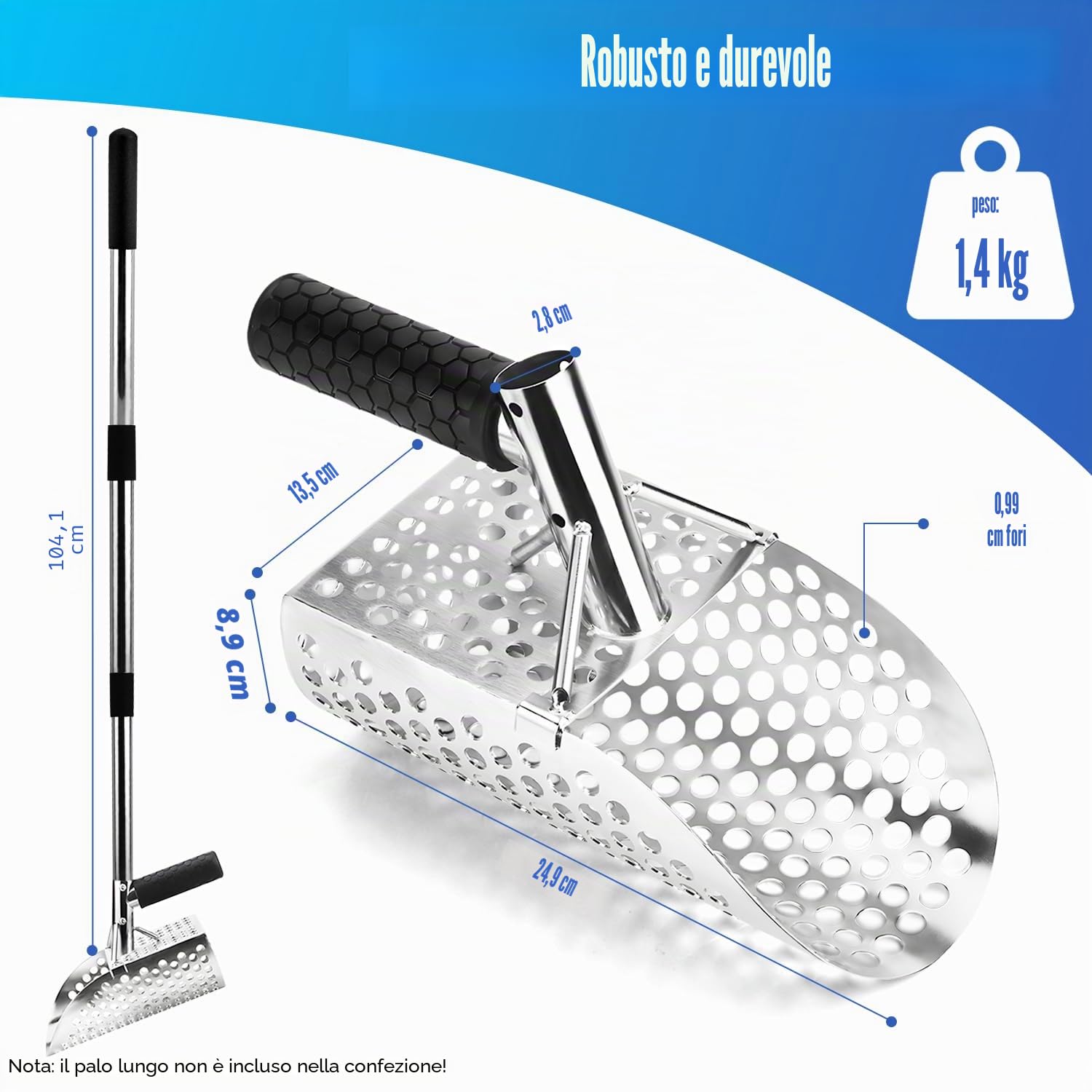 Cucchiaio di sabbia per il rilevamento dei metalli, paletta in acciaio inox con manico lungo, resistente e durevole, ideale per caccia al tesoro in riva al mare