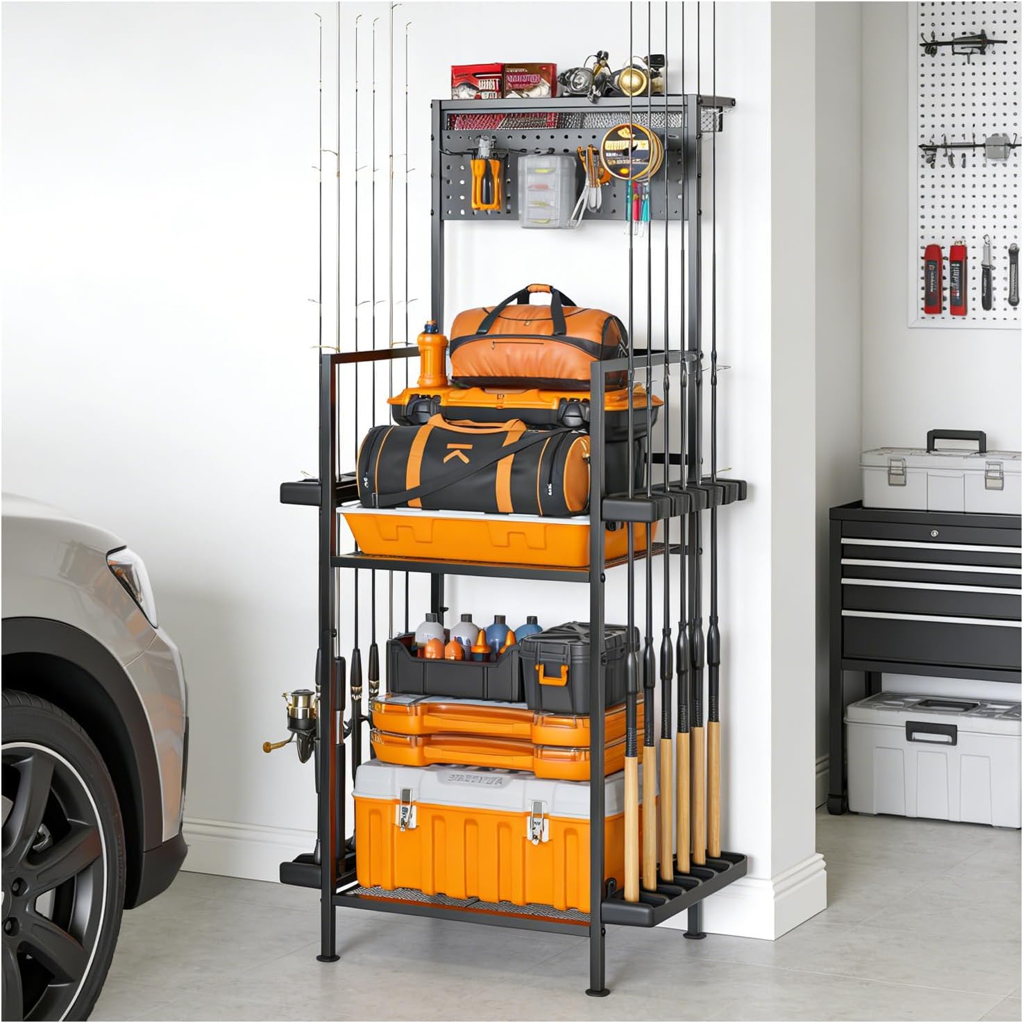 Fishing Rod Holders for Garage with Pegboard & Metal Mesh Basket, Fishing Rod Storage Rack, Vertical Fishing Pole Holder for Up to 12 Poles, Tackle Gear Organizer