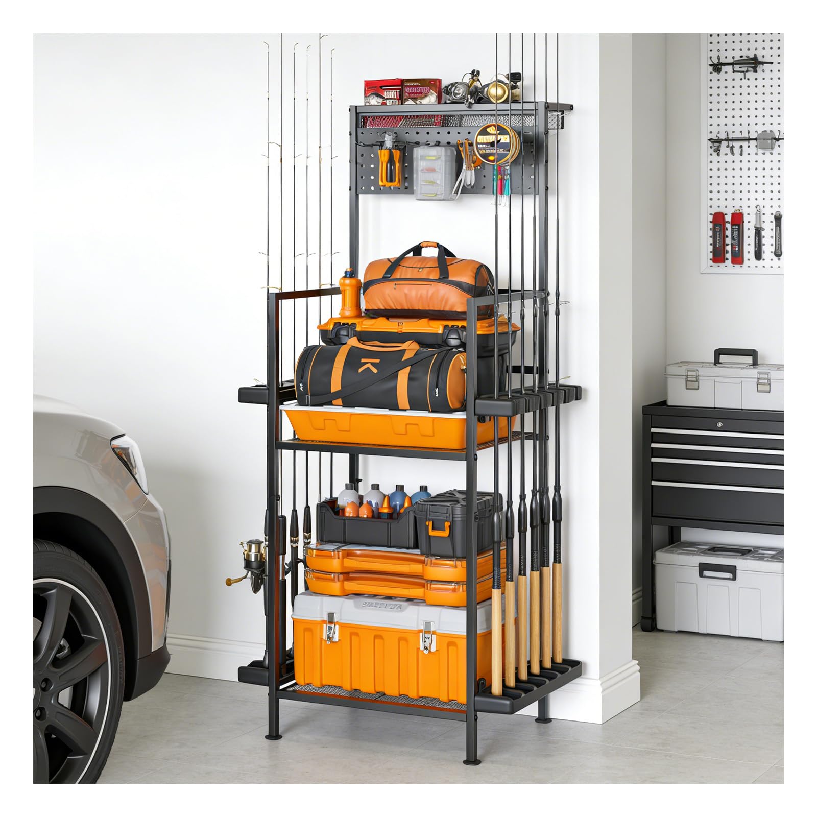 basket for fishing pole storage YQSLYSF Fishing Rod Holders for Garage with Pegboard & Metal Mesh Basket,  Fis