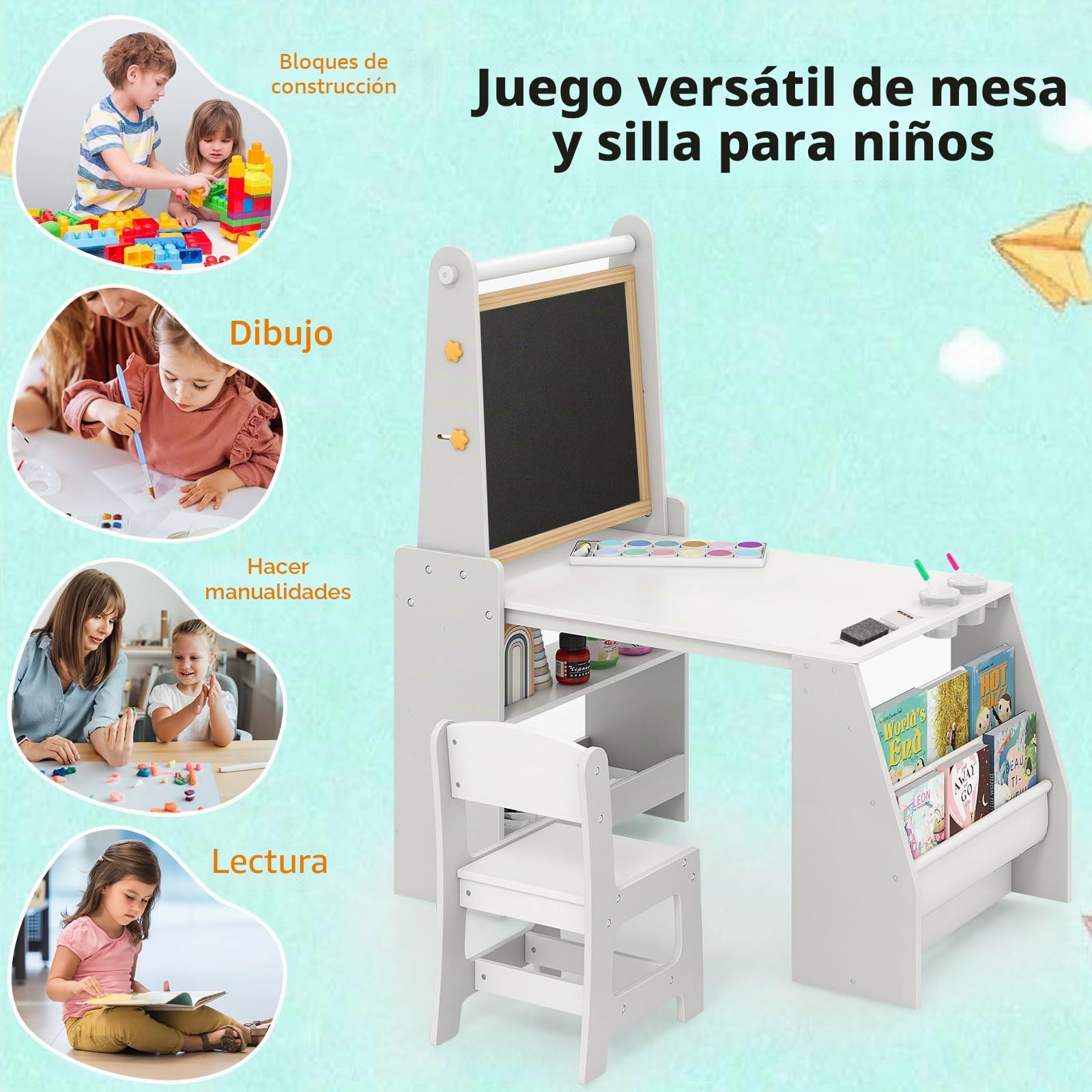 LIFEZEAL Mesa y Silla Infantil, Mesa de Dibujo con Pizarra de Doble Cara, Rollo de Papel, Bolsas de Almacenamiento, Silla Ergonómica con Respaldo (Gris)