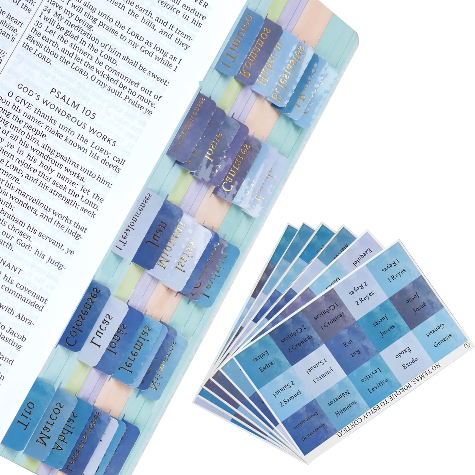 Spainish Bible Tabs, Pestañas para Biblia en Español, 73 Laminated Bible Tabs for Christian, Anti-Wrinkle Bible Tabs for Study, Large Gold Font, Waterproof Bible Chapter Tabs, Blue