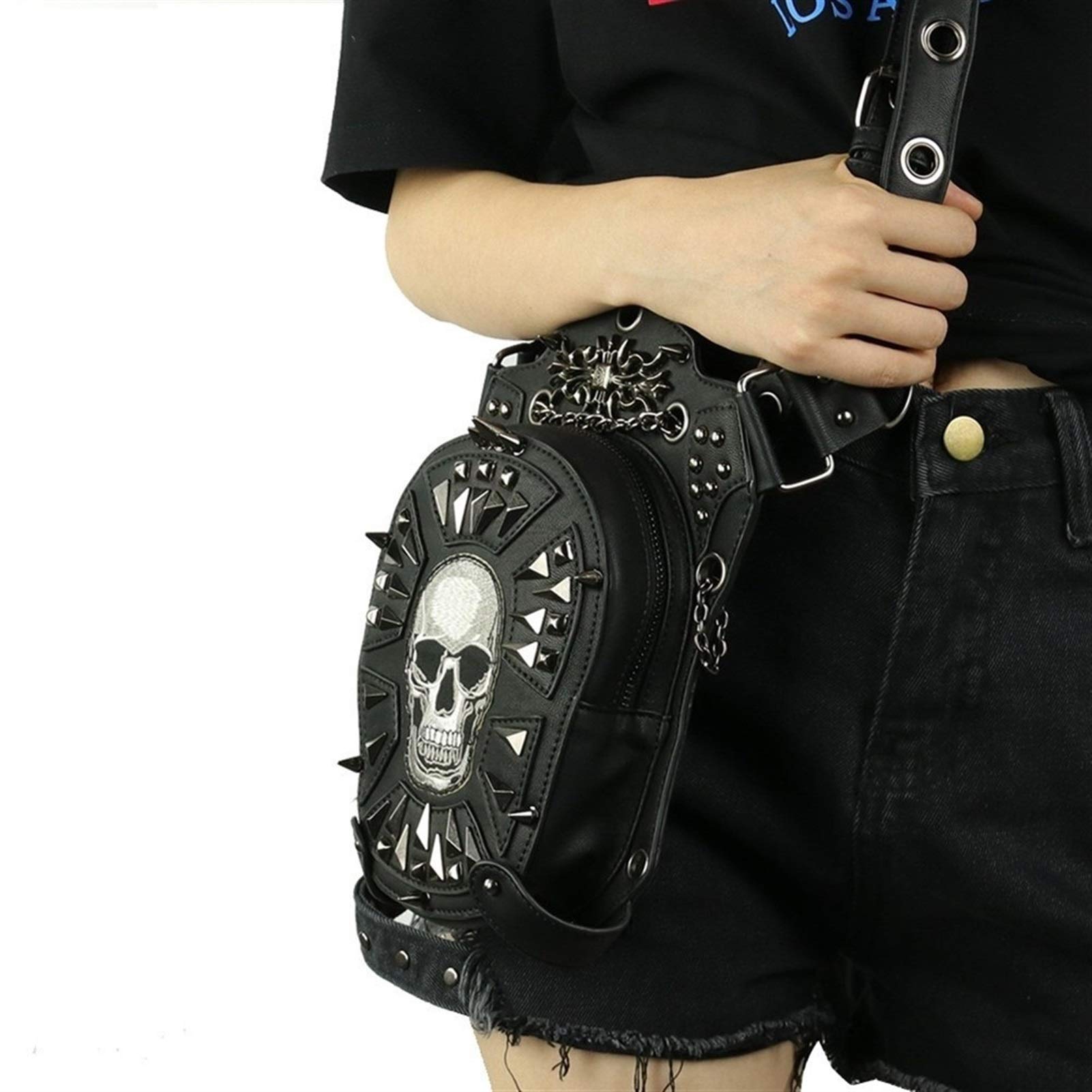 Pu-Leder Frauen Gürteltasche Nieten Schädel Crossbody Umhängetasche Motorrad Drop Bein Gürtel Taschen Punk Rock Nachricht Tasche Hüfttasche Männer Adjustable (Color : Black)