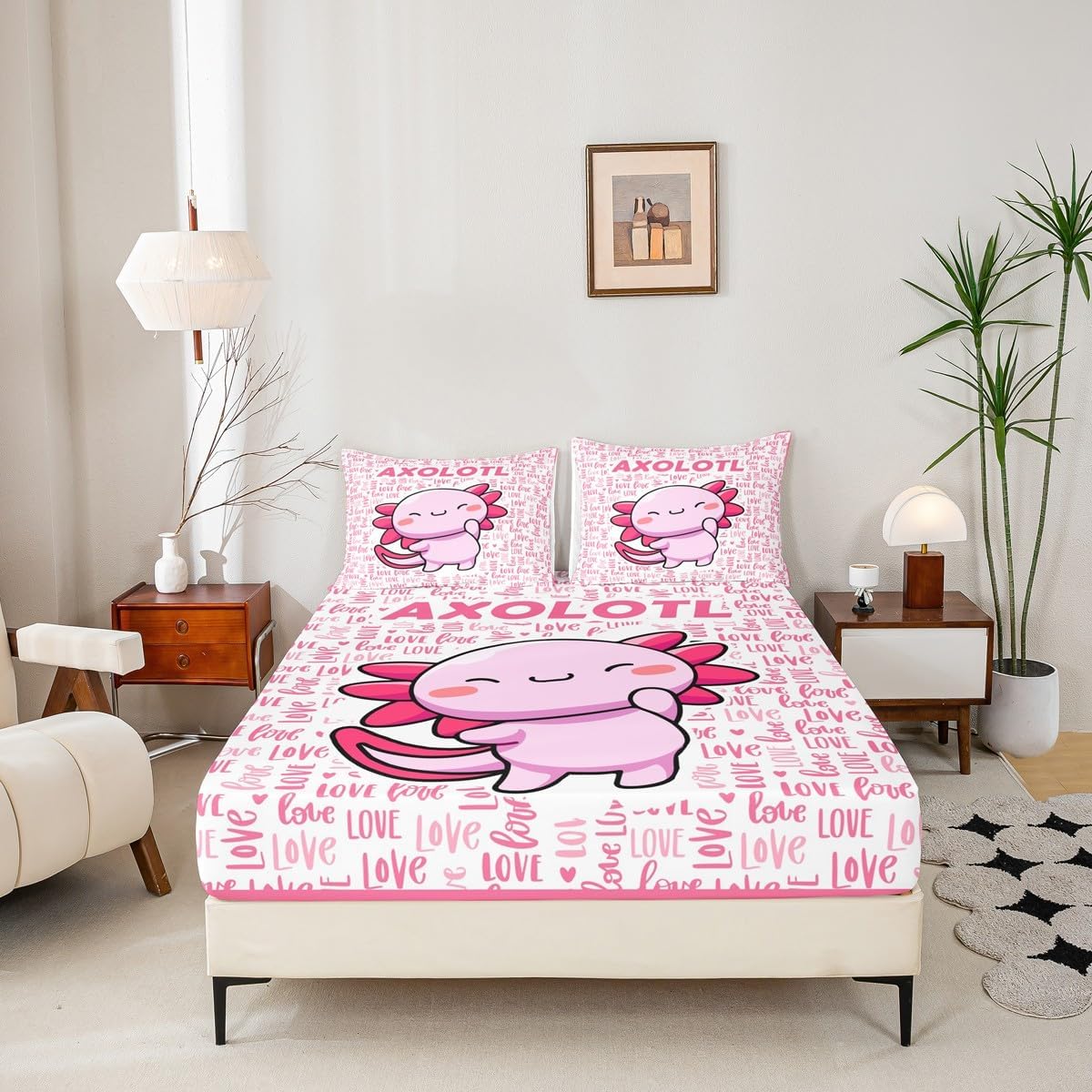 Cartoon Axolotl Kids Fitted Sheet Twin Size,Cute Salamander Ocean Animals Bedding Set,Girls Boys Adults Room Decor,Axolotl Lovers Kawaii Bed Cover,Pink Romantic Bed Sheet,1 Pillowcase