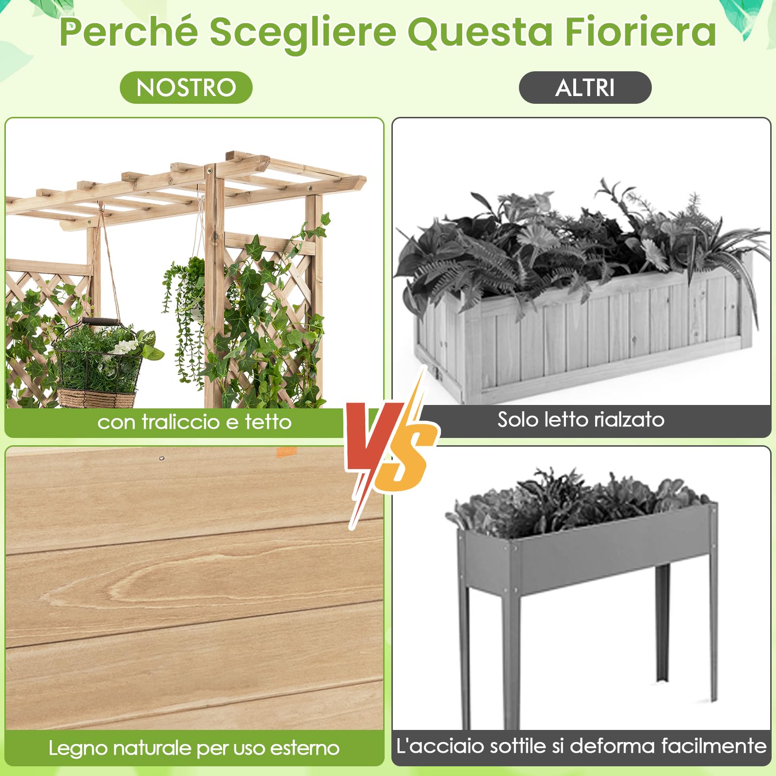 RELAX4LIFE Fioriera da Esterno con Traliccio Superiore e 2 Griglie Laterali, Orto Rialzato da Giardino in Legno di Abete con Drenaggio per Piante Rampicanti, Frutti e Fiori (Naturale, 110x44x114cm)