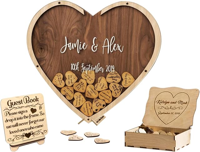 Ozinna Personalized Guest Book, Wedding Guestbook Alternative, Custom Wooden Heart for Guest Book Wedding Ideas Wedding Letter Guest Drop Box Alternative Rustic Wedding Guest Book (Heart - Brown)