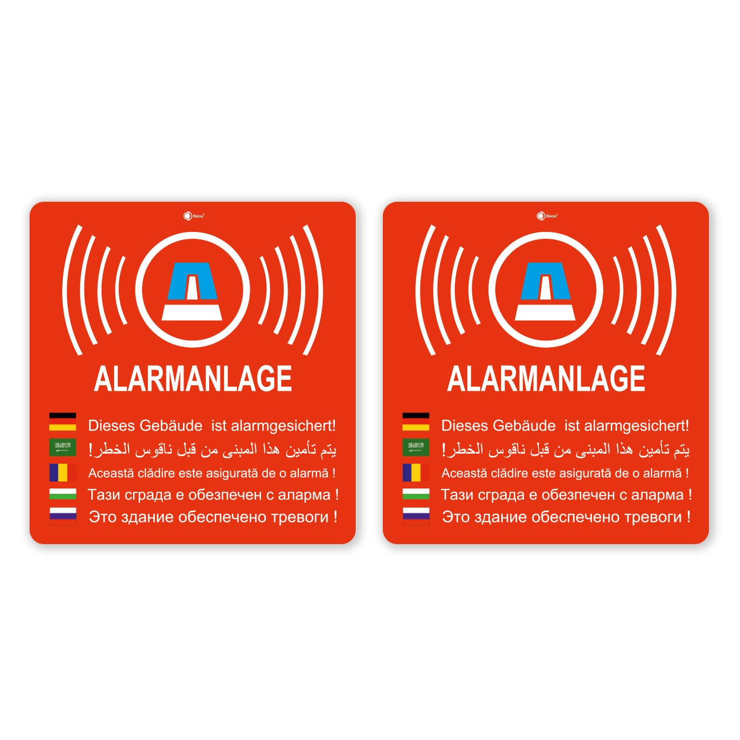 '2 pieza Pegatinas "Alarma, isecur®, alarmgesichert, 80 x 84 mm, art. Hin _ 155 _ exterior, Nota Sobre Alarma, außenklebend para ventanas, Hogar, Coche, Camión, diseño Máquinas, lenguas (Alemán, árabe, ruso, búlgaro, rumano)