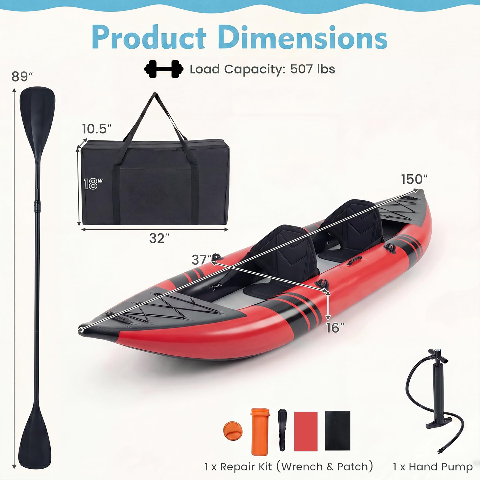 GYMAX Kayak Inflable, Kayak tándem de 12.5 pies y 230 kg con 2 paletas de Aluminio, 2 Asientos Acolchados, reposapiés, 2 Aletas, Bomba de Mano, Bolsa de Transporte y Kit de reparación, Kayak de Pesca