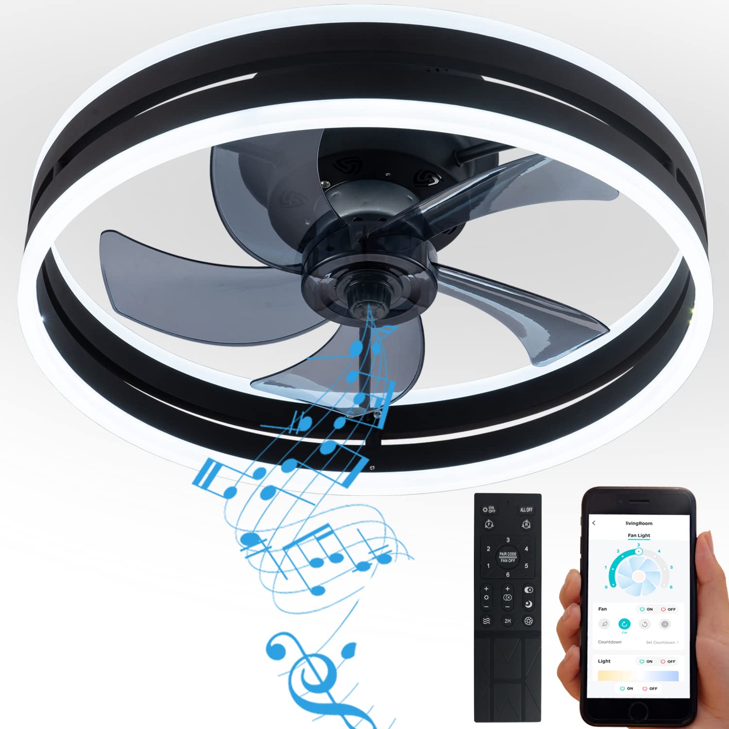 Buy YoloOwl Flush Ceiling Fan with Light and Bluetooth Speaker, 6