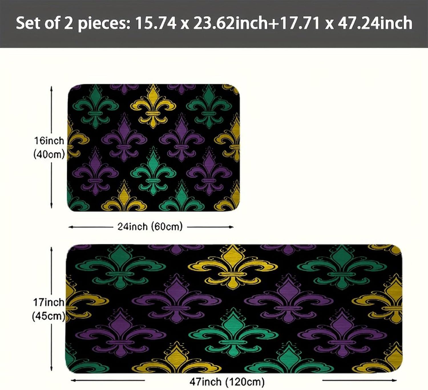 3D Fleur De Lis Mardi Gras Kitchen Mat Kitchen Rug Set | Kitchen Rugs Flannel Velvety Washable breathable Water Absorbent Soft ，kitchen utensils for Kitchen, Floor,Laundry