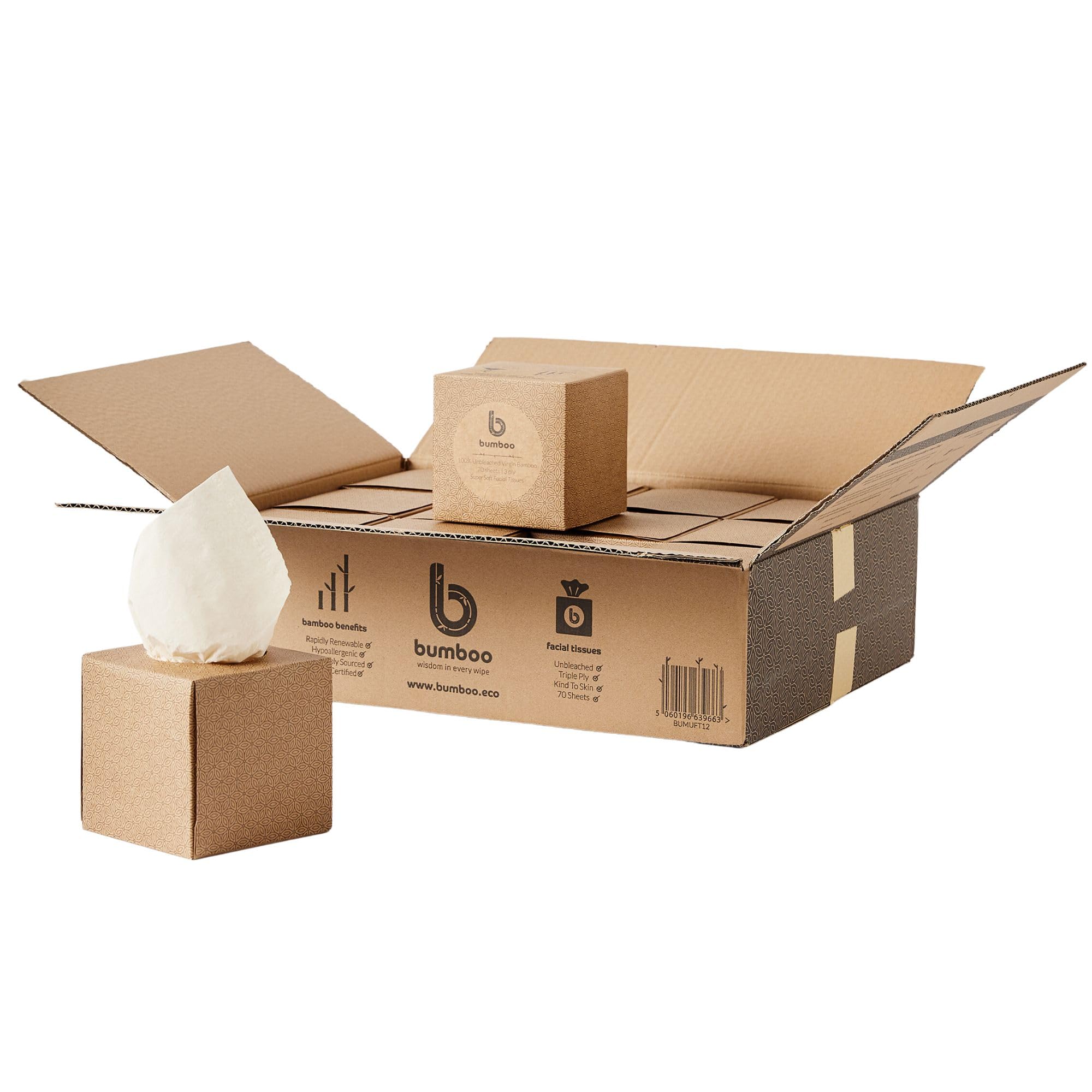 Bumboo | 100% Bamboo Facial Tissues 12 Pack | 12x70 of unwhitened 3 ply tissues | Unbleached, Natural, Multipurpose, Plastic-Free, Eco-Friendly and Sustainable