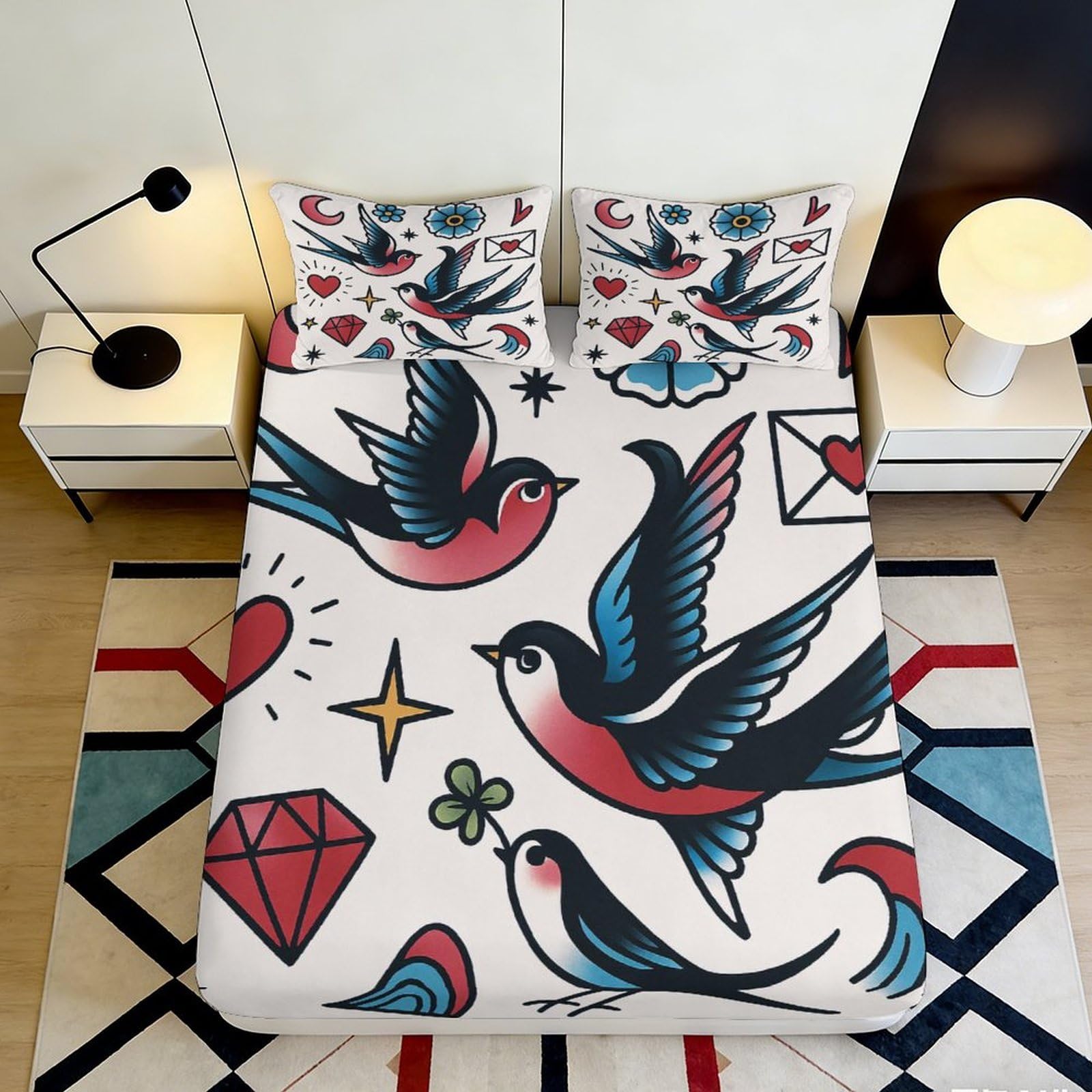 3D Printed Swallow Tattoo Fitted Sheet Microfiber Soft Red Heart Diamond Bed Cover for Bedroom Dorm Decor 90x200x25cm