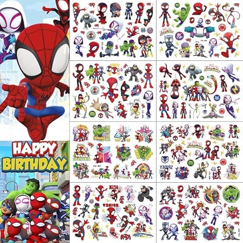 BUYUP 8Pcs Temporary Tattoos Kids Tattoos Waterproof Tattoo Sticker Fake Tattoos Cartoon Tattoo Toy For Kids Children Boys Girls Teens Birthday Party Favors（8Pcs About 120 tattoos Spider-Man）