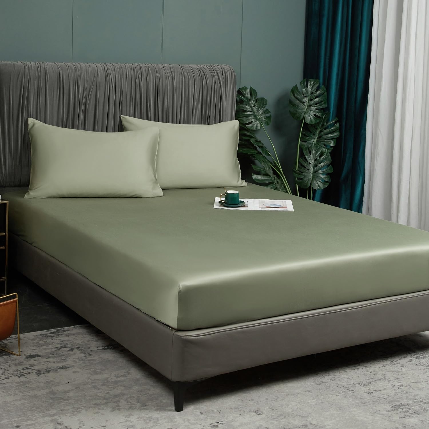 Luofanfei Sábana bajera ajustable de bambú, 160 x 200 cm, color verde | Sábana bajera para cama con somier, de fibra de bambú, brillante, para colchones altos de hasta 25-30 cm
