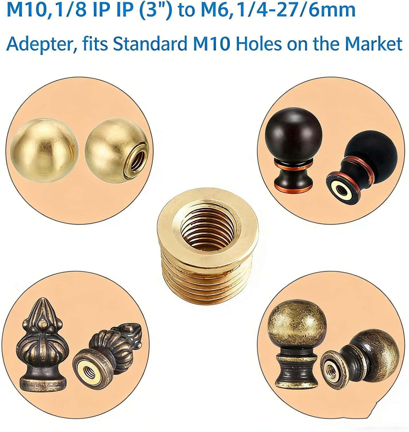 6 Pcs Lamp Holder Finial Adapter, Male 1/8 IP to Female 1/4-27 Thread Converter, Full Thread Lamp Finial Cap Adapter for Lamp Repair, Home Lighting and DIY Projects