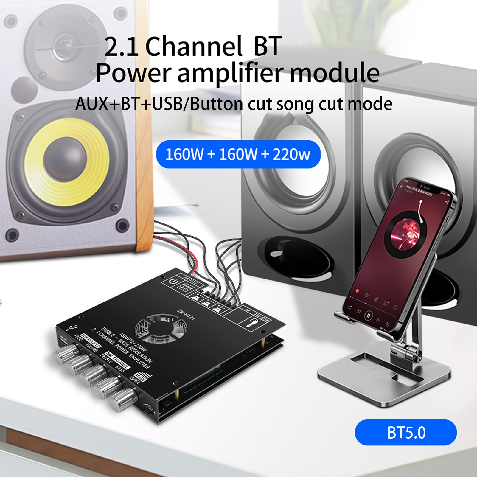Luocute Placa Amplificadora de Audio de 2.1 Canales, Módulo Amplificador de Audio Compatible con Puerto USB AUX 160W * 2 Ventilador de Protección HiFi, Compatible con TDA7498E (ZK-HT21)