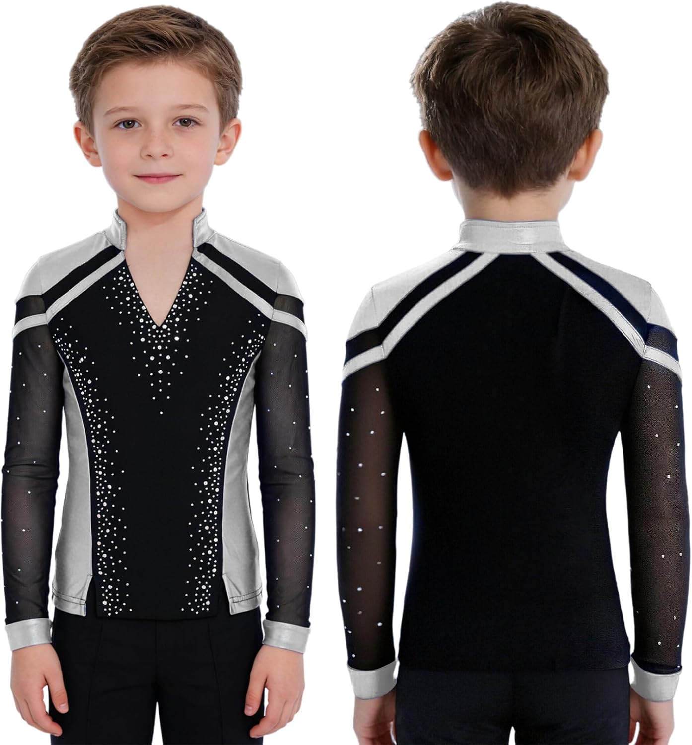 Hularka Kids Boys Figure Skating Shirt V Neck Long Sleeve Metallic Split Hem Latin Jazz Dance Tops Competition Dancewear