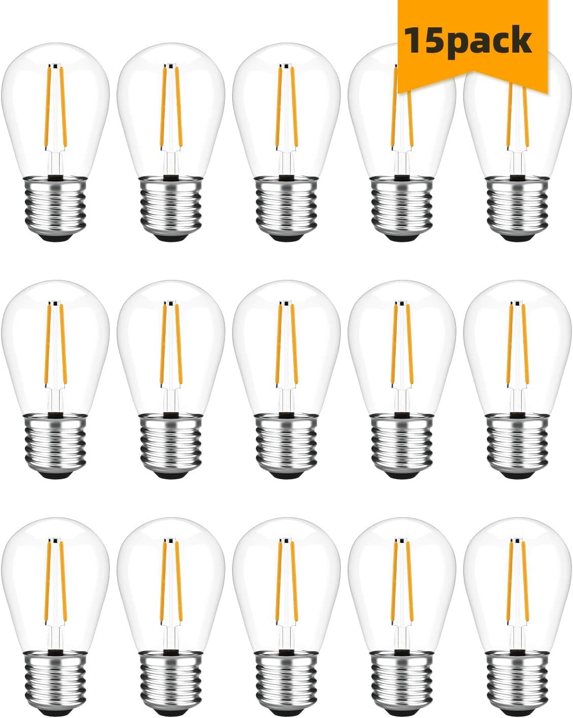 WAWUI S14 LED Outdoor Edison Light Bulbs for String Light Replacement, E26 Medium Screw Base, Nondimmable,2 Watt to Replace 11w Incandescent Bulb, Waterproof, Clear Glass 2700K 15Pack