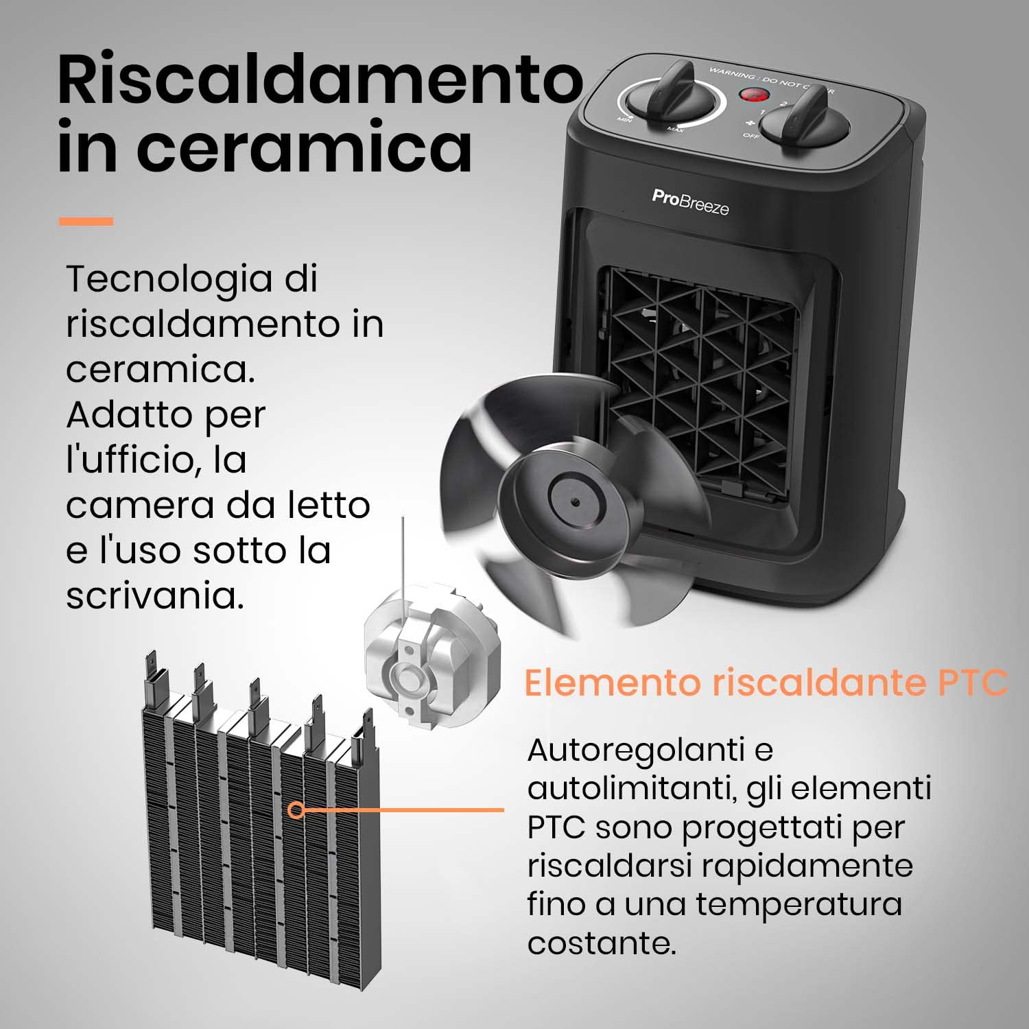 Pro Breeze Stufetta Elettrica Basso Consumo 2000W in Ceramica - 3 modalità, ventilazione, protezione surriscaldamento/ribaltamento. Compatta e sicura per casa, ufficio, bagno. Termoventilatore