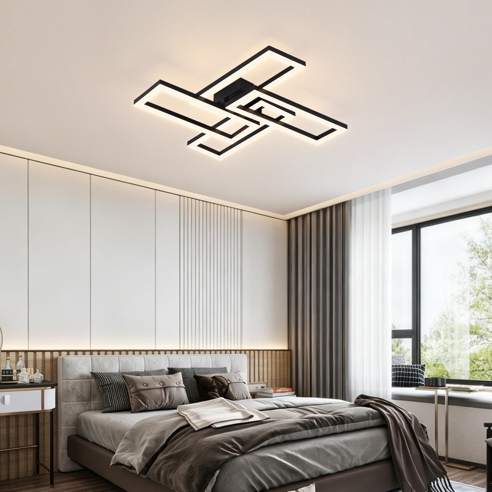 Lampa sufitowa LED, ściemniana, 56 W, 66 cm, czarna, nowoczesna lampa do salonu z pilotem zdalnego sterowania, 3000-6500 K, 4-kwadratowa lampa do sypialni, oświetlenie sufitowe LED, do biura
