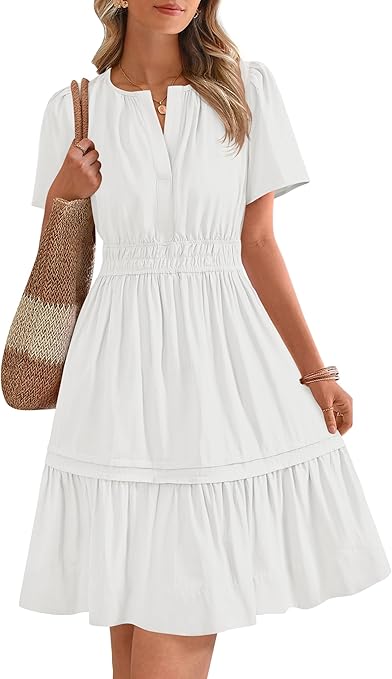 BTFBM Women's Casual Dresses 2025 Summer Spring V Neck Short Sleeve Sundress Smocked Waist A Line Tiered Mini Dress