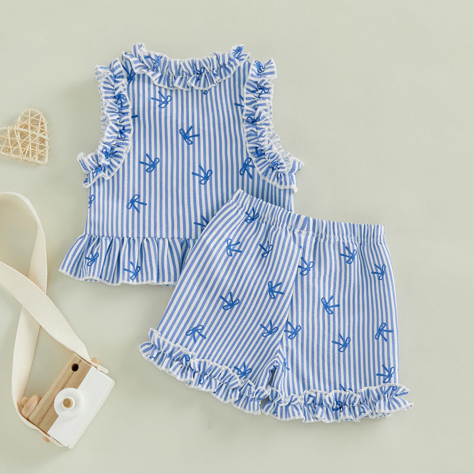 Ensemble Tenue d'été Bébé Fille Débardeur Rayé à Volant Chemise sans Manches à Bouton + Short à Rayures