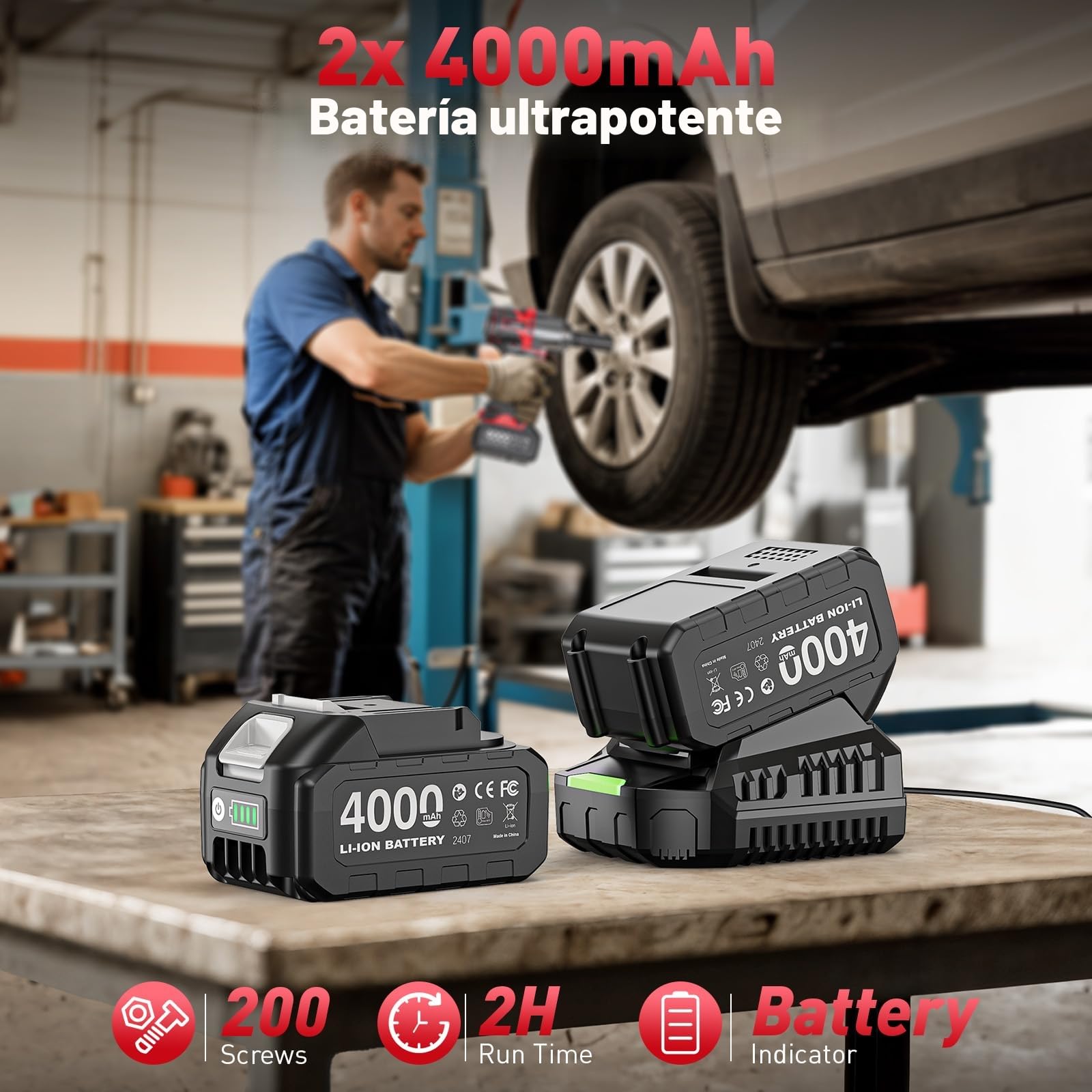 Llave de Impacto Inalámbrica 1600N.m con 2x 4000mAh Baterías, 1/2 Pistola de Impacto Batería, Eléctrica Llave de Impacto para Coches Camiones, con 5 Enchufes