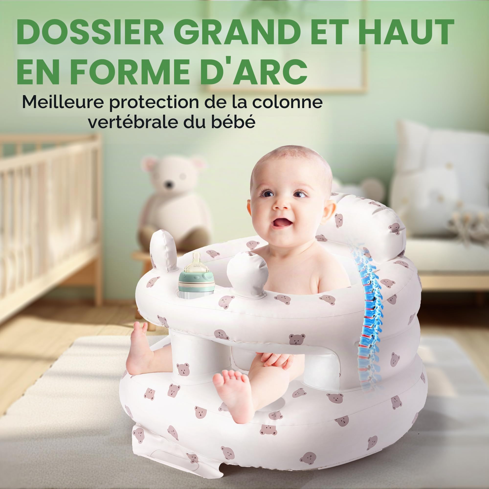Siège bébé gonflable Zolirao avec pompe à air intégrée, portable 3-36 mois, soutien dos et nuque, sans BPA, motif ours