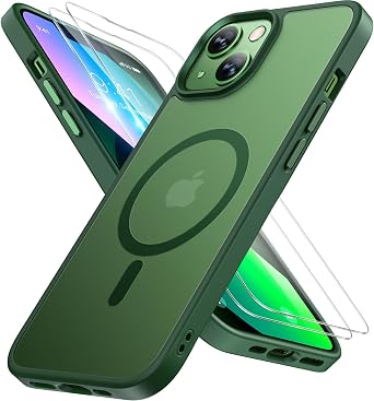 Miracase Magnetic for iPhone 13 Case 6.1 inch Compatible with MagSafewith 2X Screen Protectors Military-Grade Protection, Anti-Fingerprint Translucent Matte Phone Case Cover, Dark Green