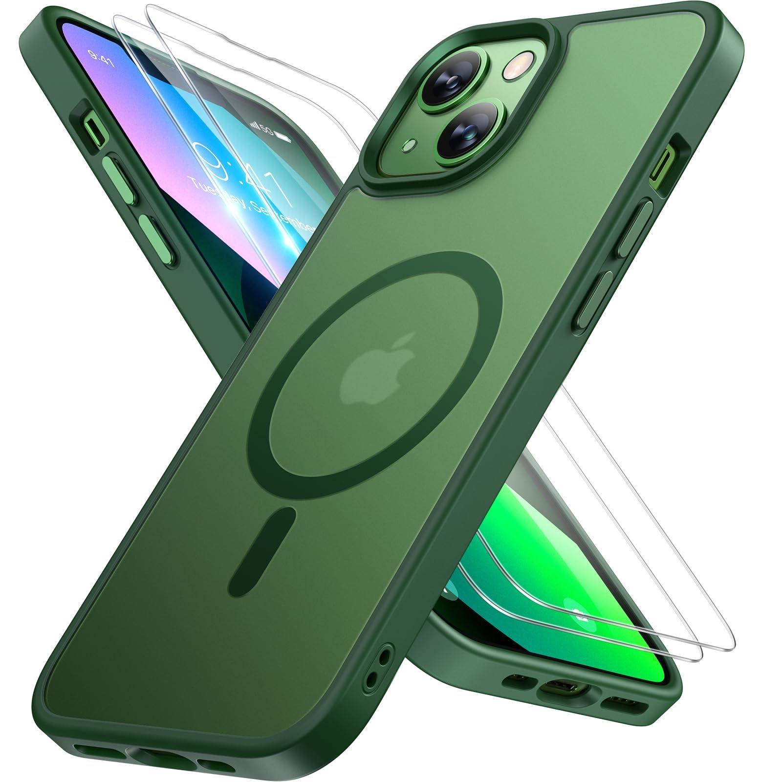 Miracase Magnetic for iPhone 13 Case 6.1 inch (Compatible with MagSafe)（with 2X Screen Protectors） Military-Grade Protection, Anti-Fingerprint Translucent Matte Phone Case Cover, Dark Green