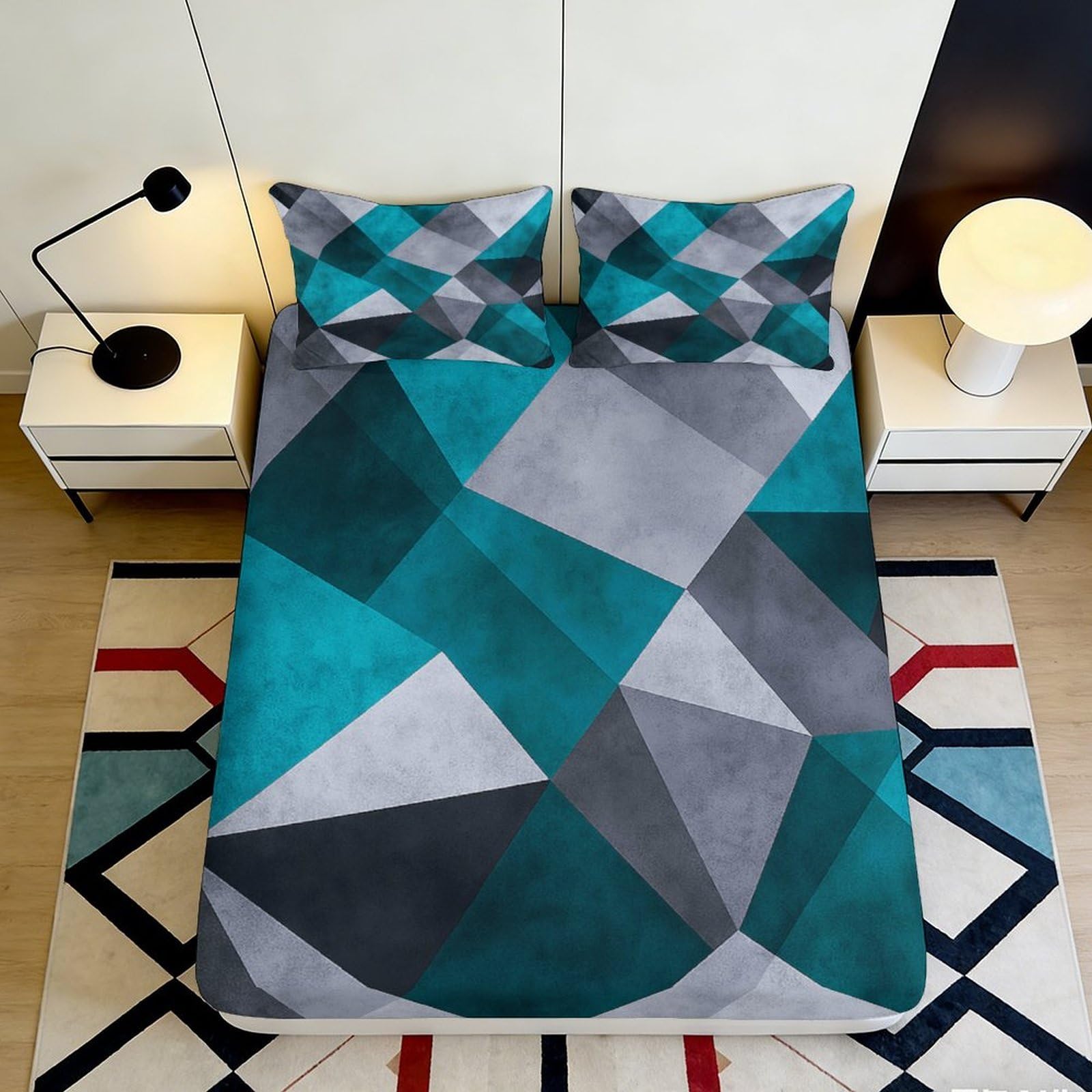3D Printed Geometric Abstract Fitted Sheet Microfiber Soft Breathable Modern Polygon Mattress Cover for Bedroom Dorm Decor 90x200x25cm