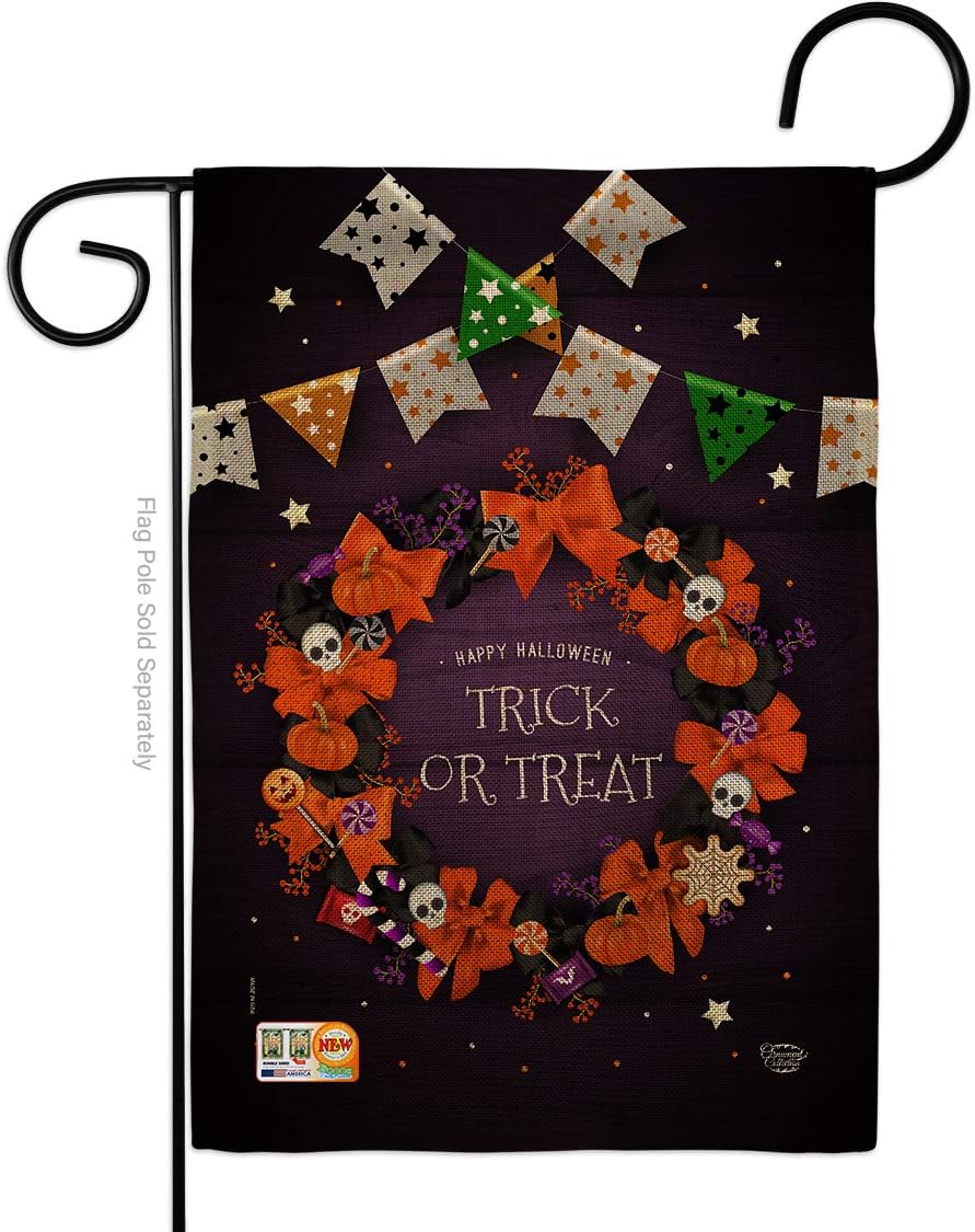 Trick Or Treat Wreath Burlap Garden Flag Falltime Halloween Witch Spooky Night Black Cat Season Autumntime Pumpkin Small Decorative Gift Yard House Banner Double-Sided Made In USA 13 X 18.5
