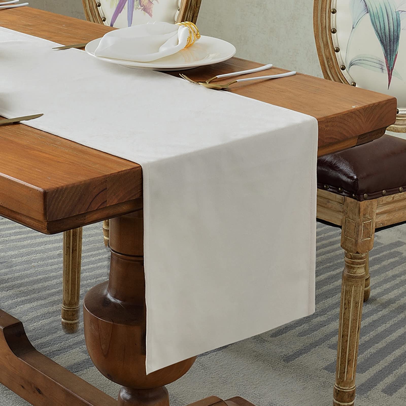Yicorgard Velvet Table Runner Rustic Style,Linen Farmhouse Table Runner for Dining Room Kitchen Party Dresser Décor,14x95 Inches,Cream — image 1